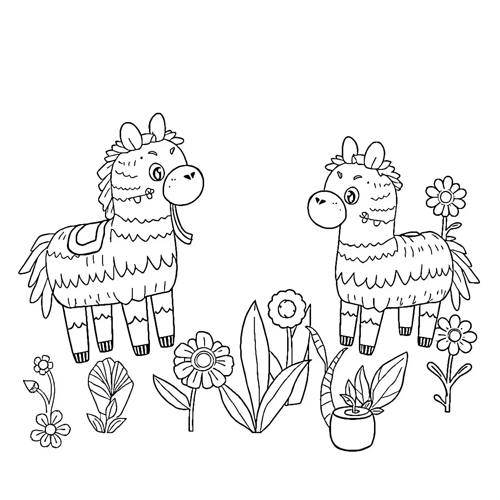 Pinata with silly animals and flowers in garden Coloring Page (free black-and-white line drawing printable PDF for all, from beginners to advanced learners, including children, teens, adults, and seniors)
