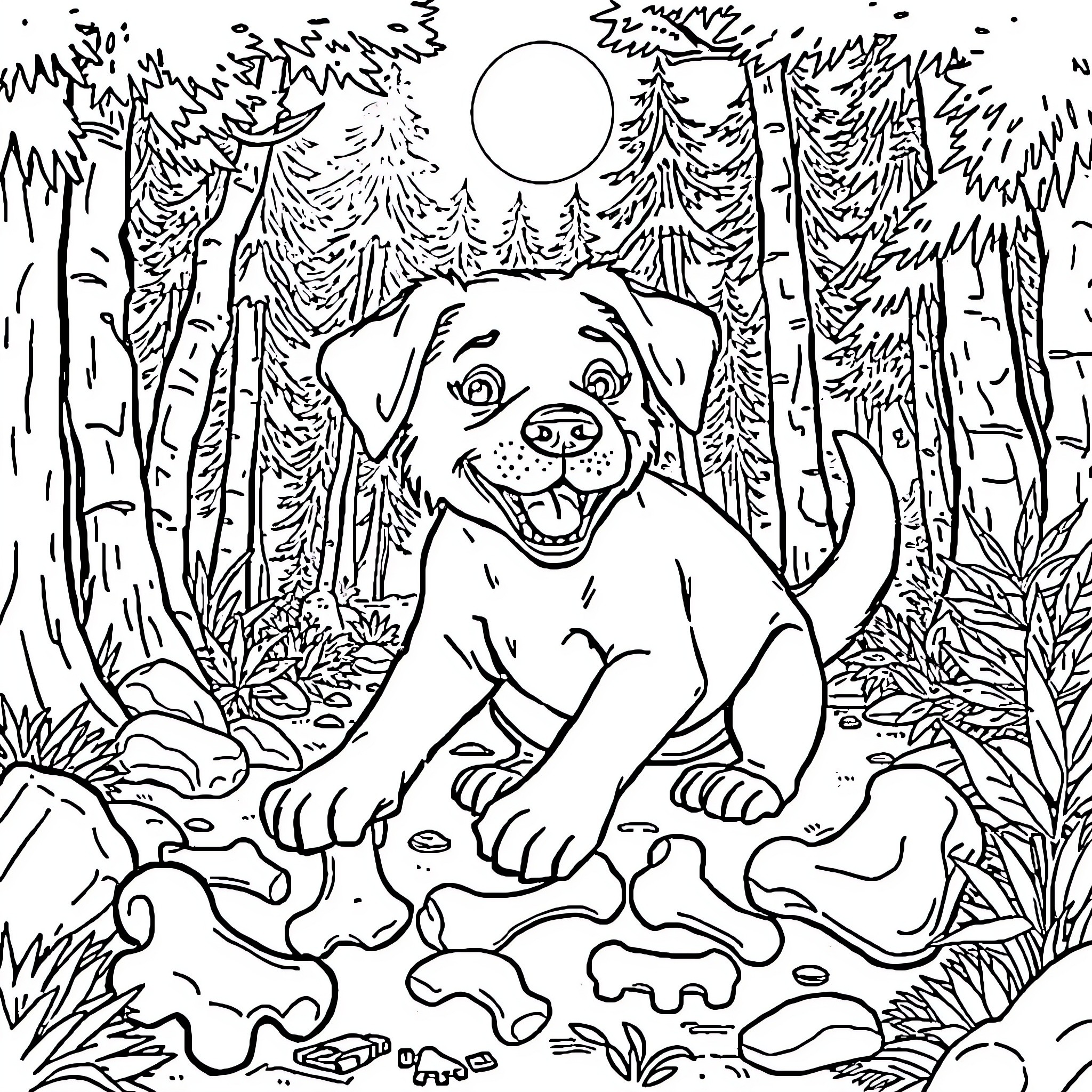 Dog enjoying bone treats in the forest Coloring Page (free black-and-white line drawing printable PDF for all, from beginners to advanced learners, including children, teens, adults, and seniors)