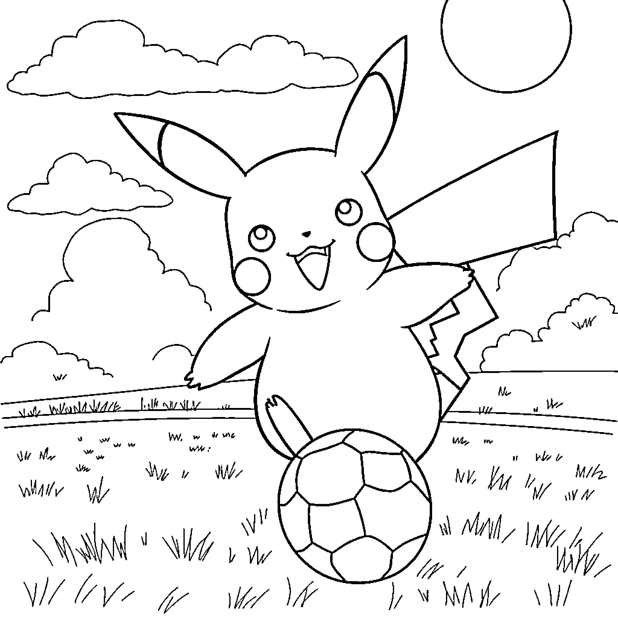 Pikachu playing happily with a soccer ball in the park Coloring Page (free black-and-white line drawing printable PDF for all, from beginners to advanced learners, including children, teens, adults, and seniors)