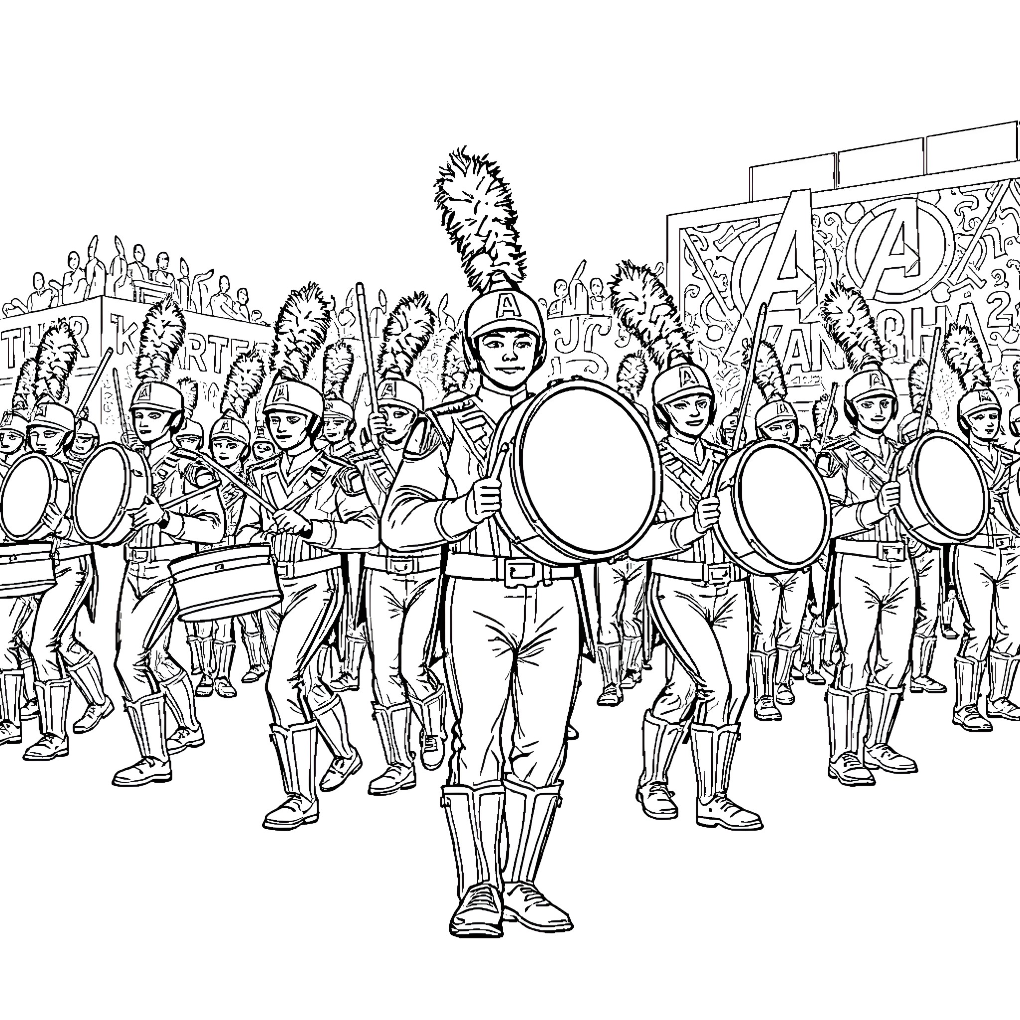 Avenger's Parade: Marching Soldiers in Uniform Coloring Page (free black-and-white line drawing printable PDF for all, from beginners to advanced learners, including children, teens, adults, and seniors)
