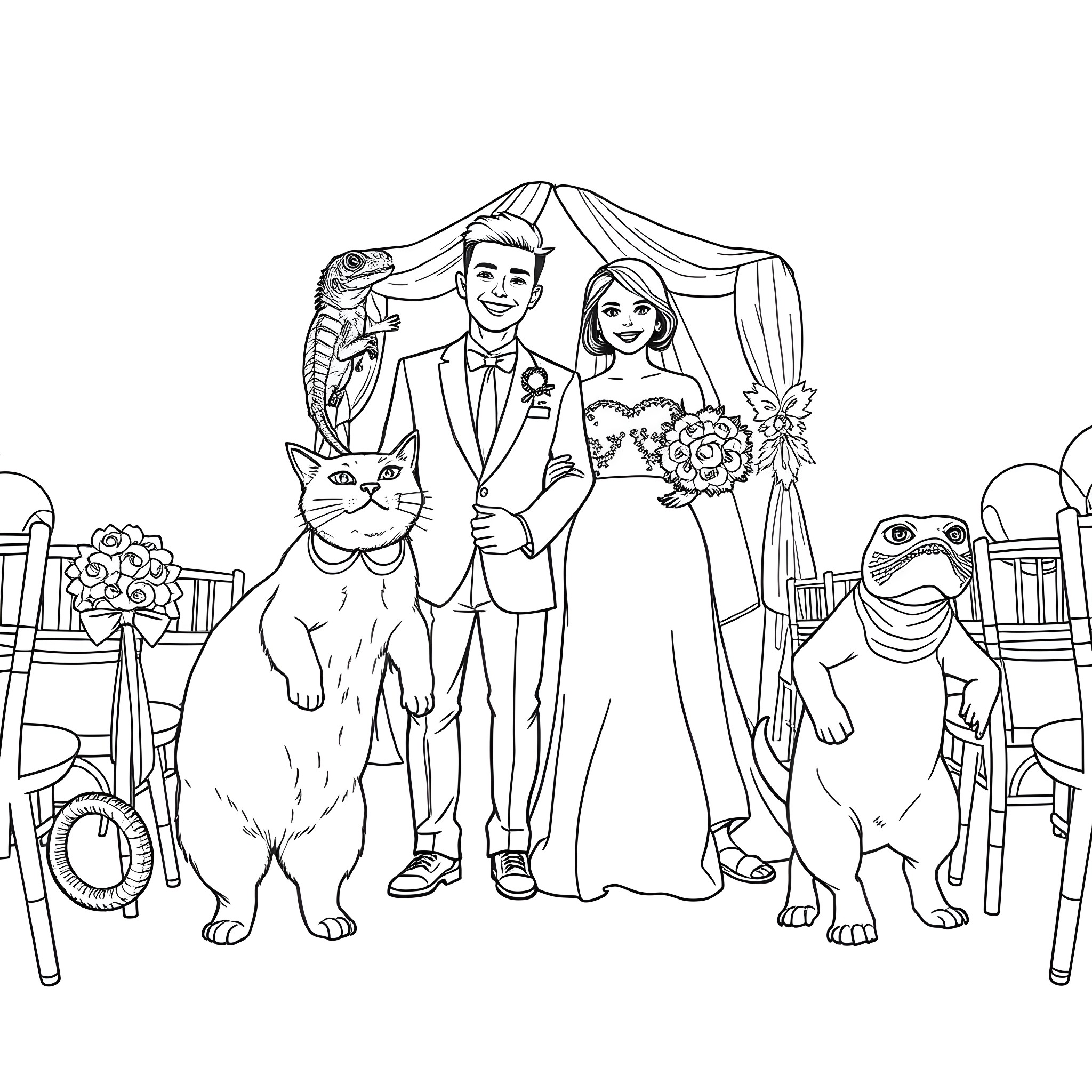 Couple celebrating their wedding with pets Coloring Page (free black-and-white line drawing printable PDF for all, from beginners to advanced learners, including children, teens, adults, and seniors)