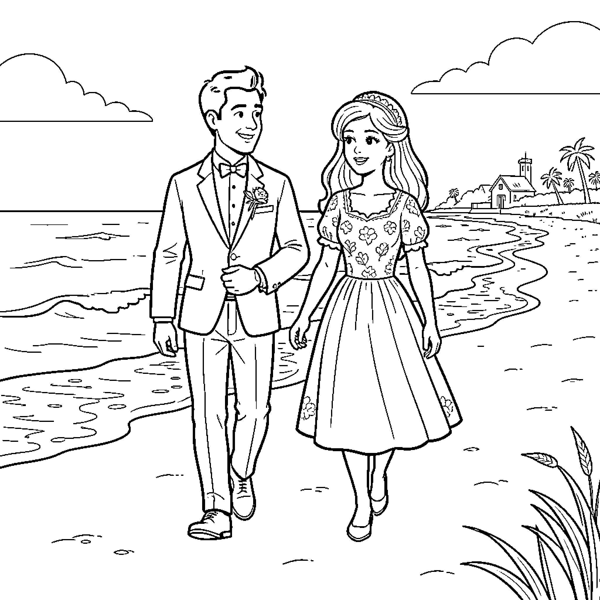 Louis and a young woman walking along the beach Coloring Page (free black-and-white line drawing printable PDF for all, from beginners to advanced learners, including children, teens, adults, and seniors)