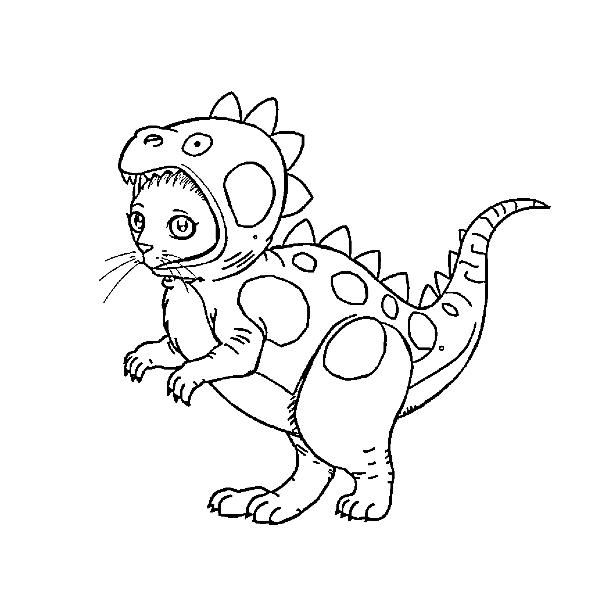 Dinosaur costume wearing child playing happily Coloring Page (free black-and-white line drawing printable PDF for all, from beginners to advanced learners, including children, teens, adults, and seniors)