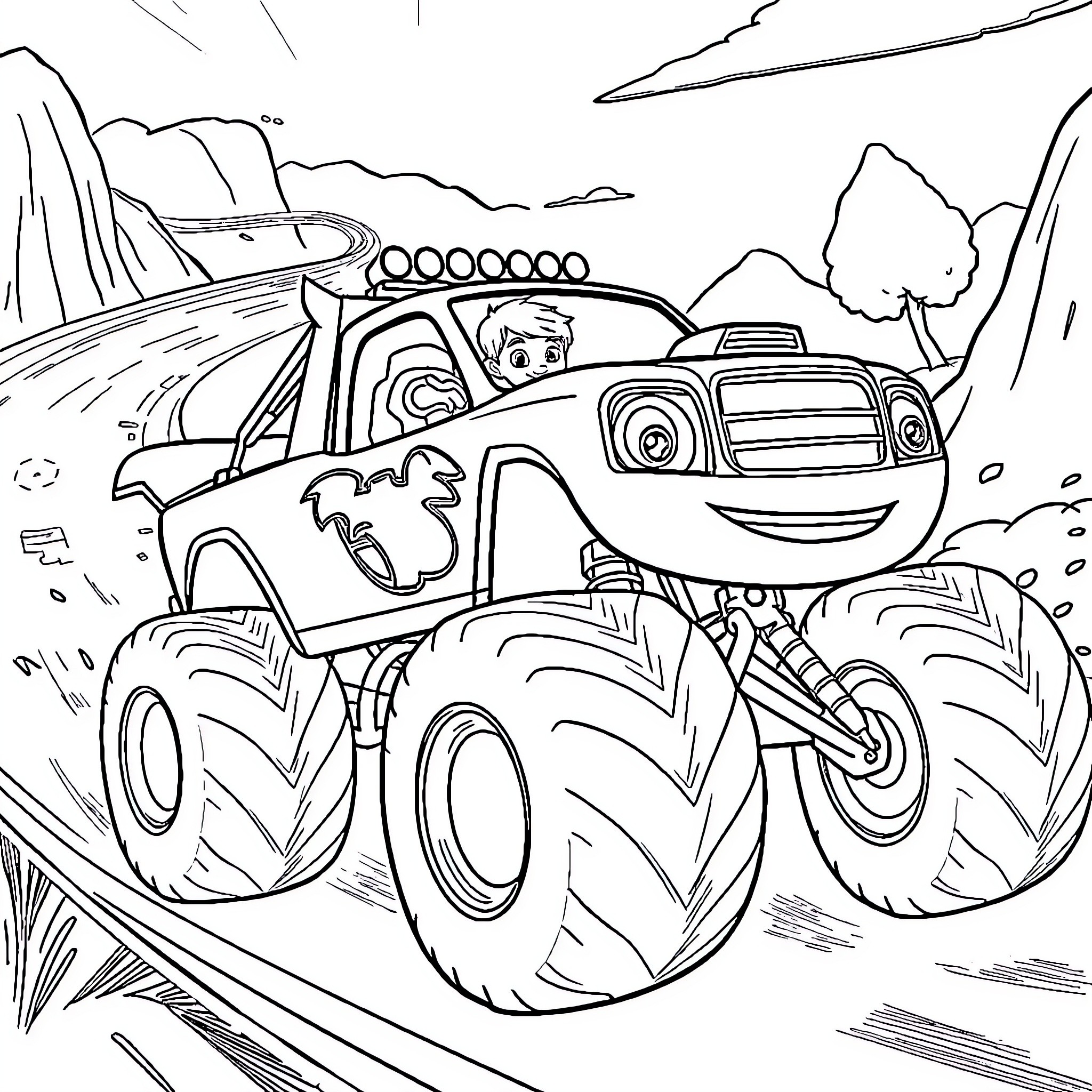 Blaze Races Through the Rugged Terrain Coloring Page (free black-and-white line drawing printable PDF for all, from beginners to advanced learners, including children, teens, adults, and seniors)