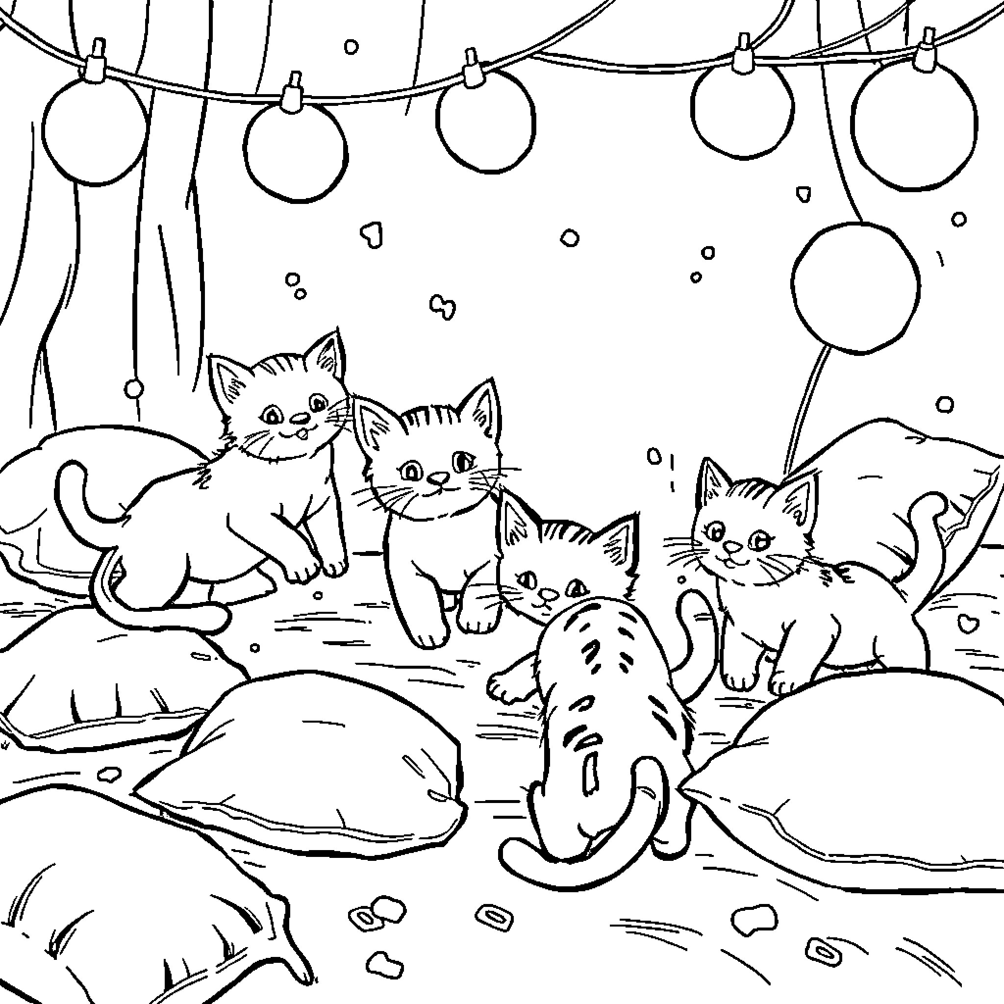 Cats Playing under Holiday Lights Coloring Page (free black-and-white line drawing printable PDF for all, from beginners to advanced learners, including children, teens, adults, and seniors)