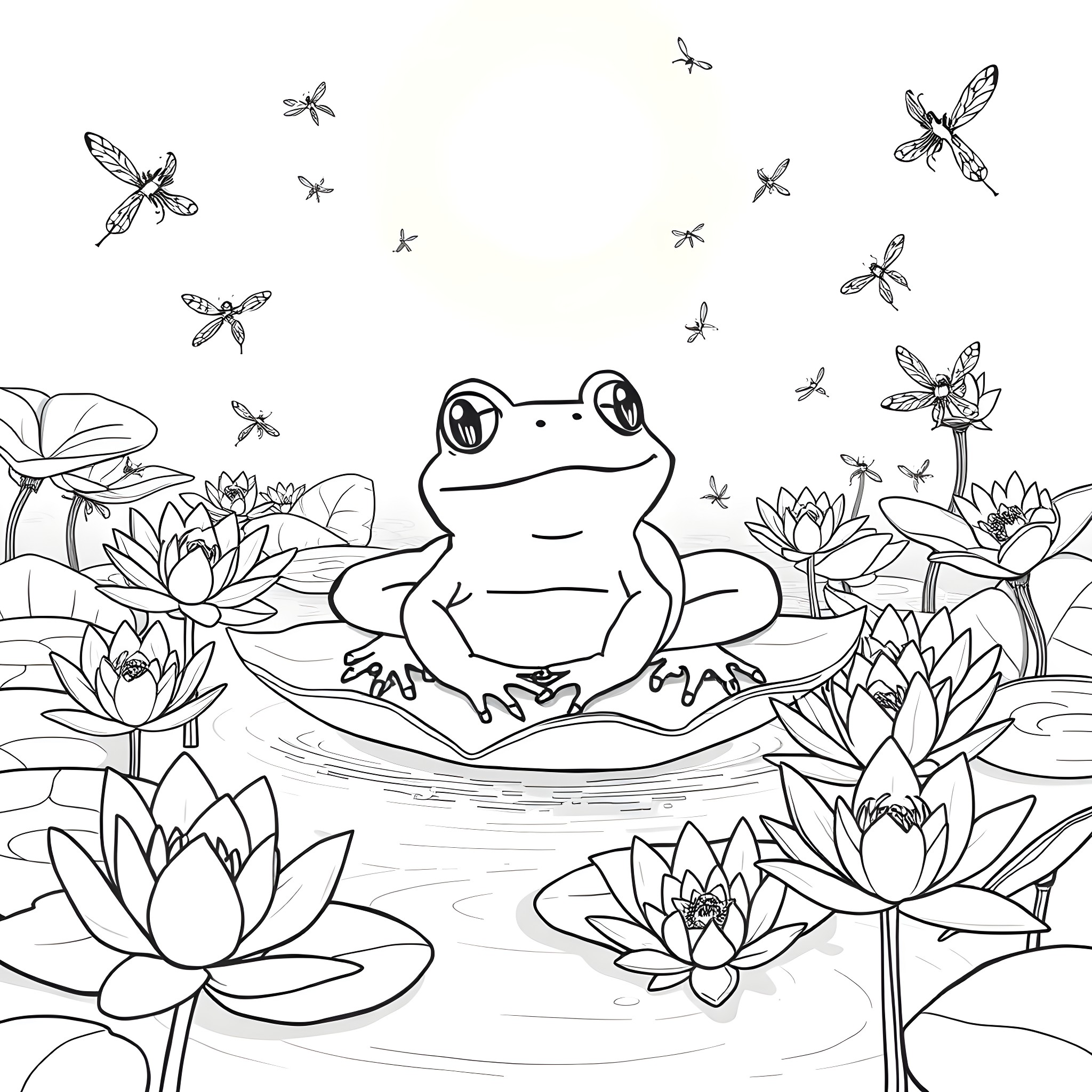 Frog sitting contentedly among water lilies Coloring Page (free black-and-white line drawing printable PDF for all, from beginners to advanced learners, including children, teens, adults, and seniors)