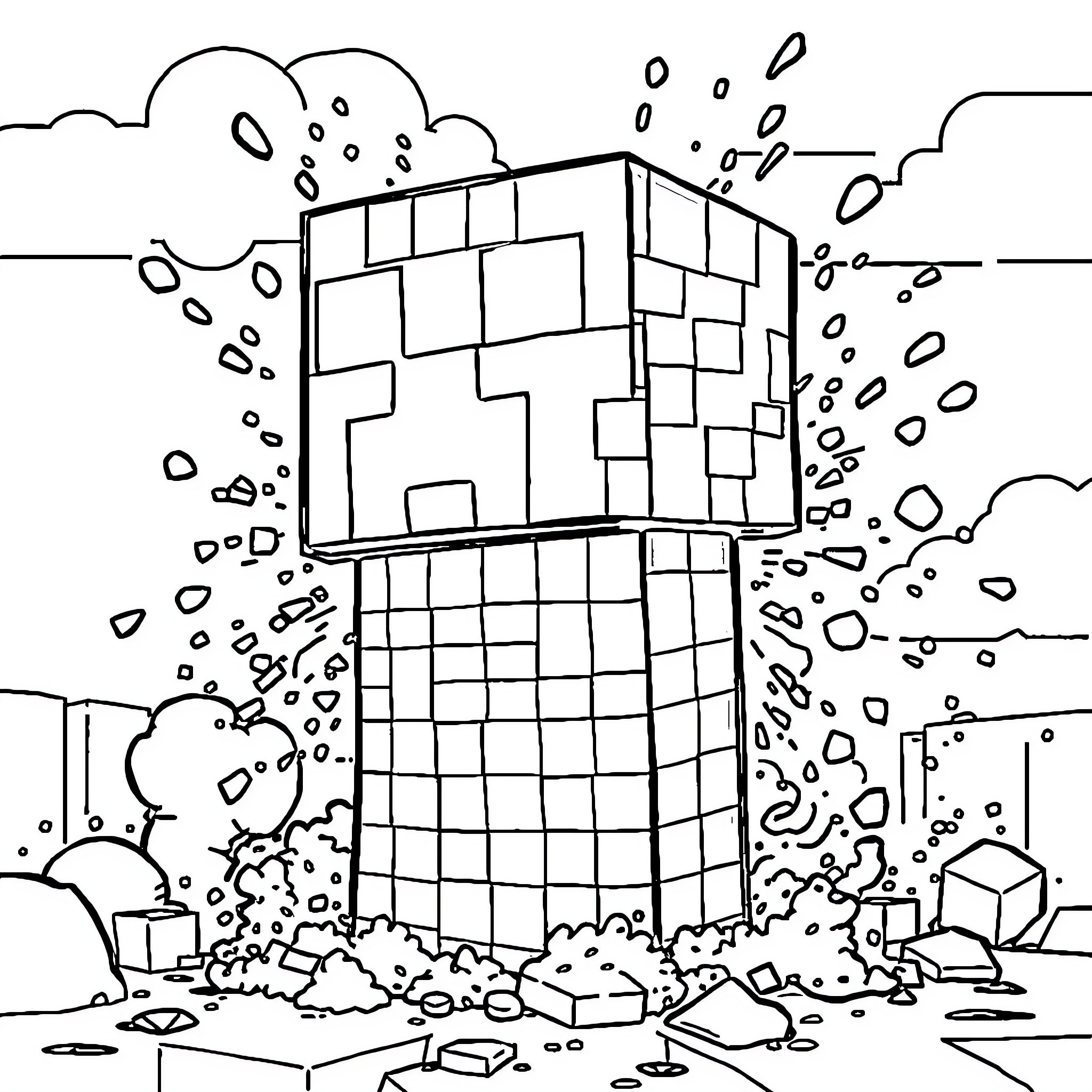 Creeper emerging from the destruction Coloring Page (free black-and-white line drawing printable PDF for all, from beginners to advanced learners, including children, teens, adults, and seniors)