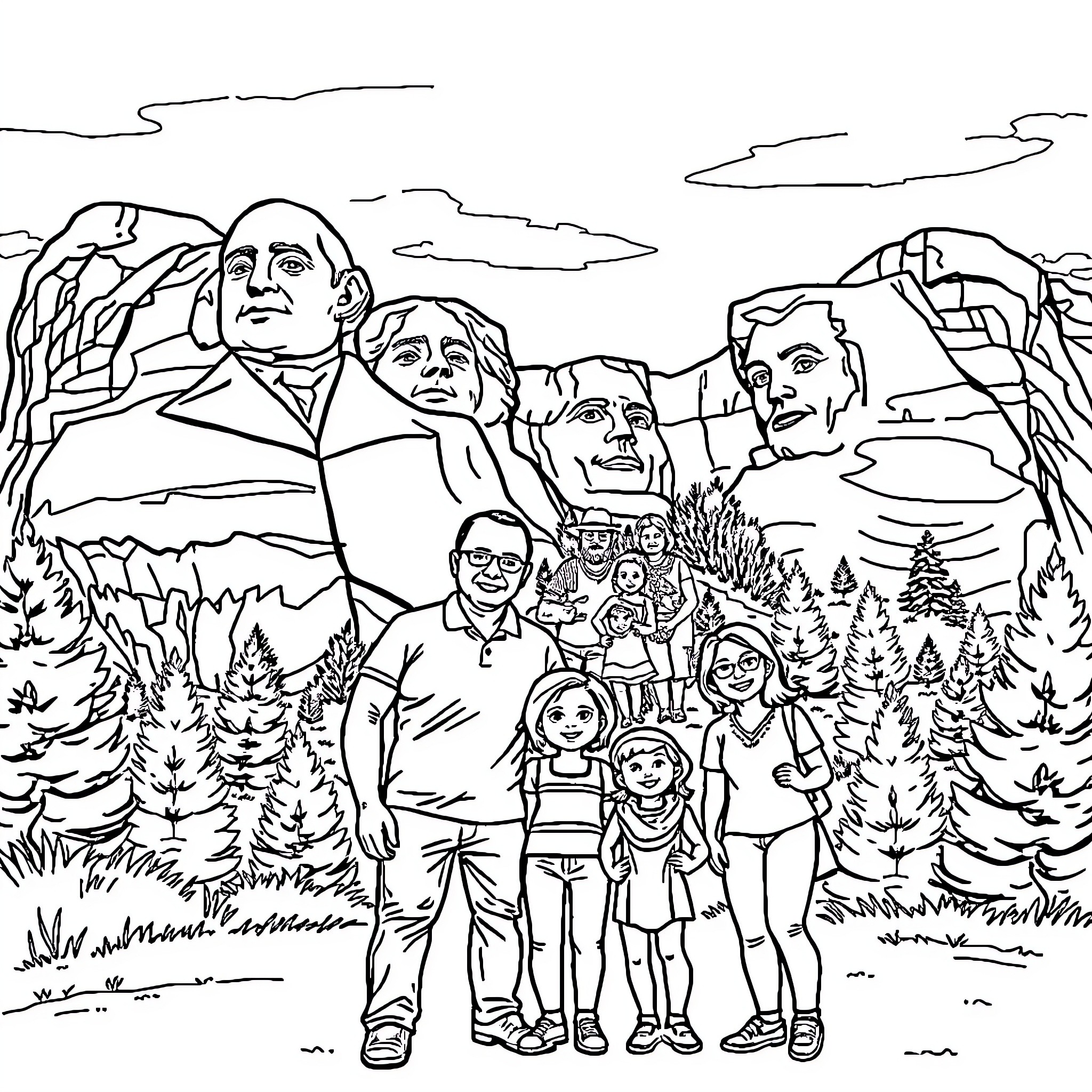 Mount Rushmore Family Gathering in the Scenic Outdoors Coloring Page (free black-and-white line drawing printable PDF for all, from beginners to advanced learners, including children, teens, adults, and seniors)