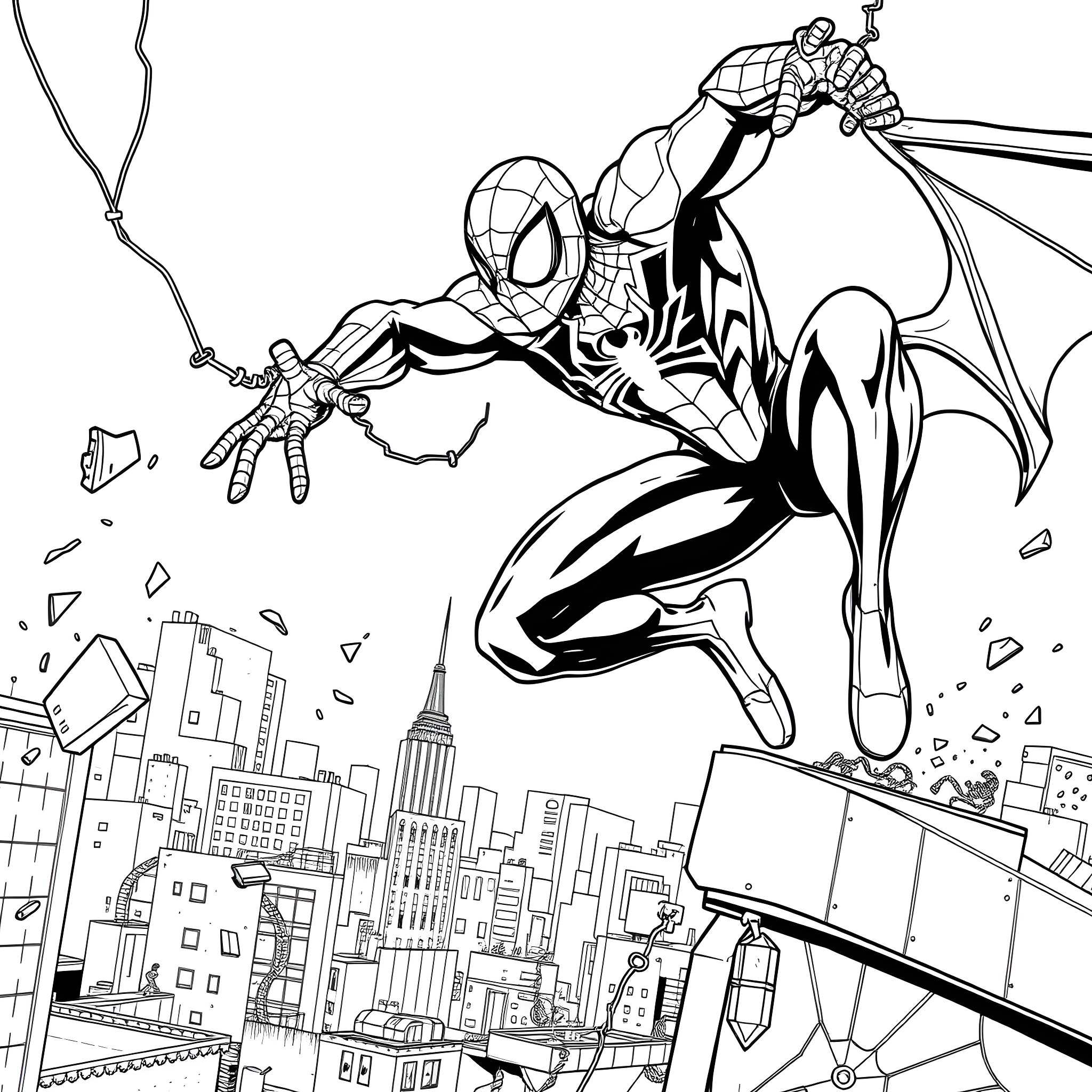 Spiderman swinging through the city skyline Coloring Page (free black-and-white line drawing printable PDF for all, from beginners to advanced learners, including children, teens, adults, and seniors)