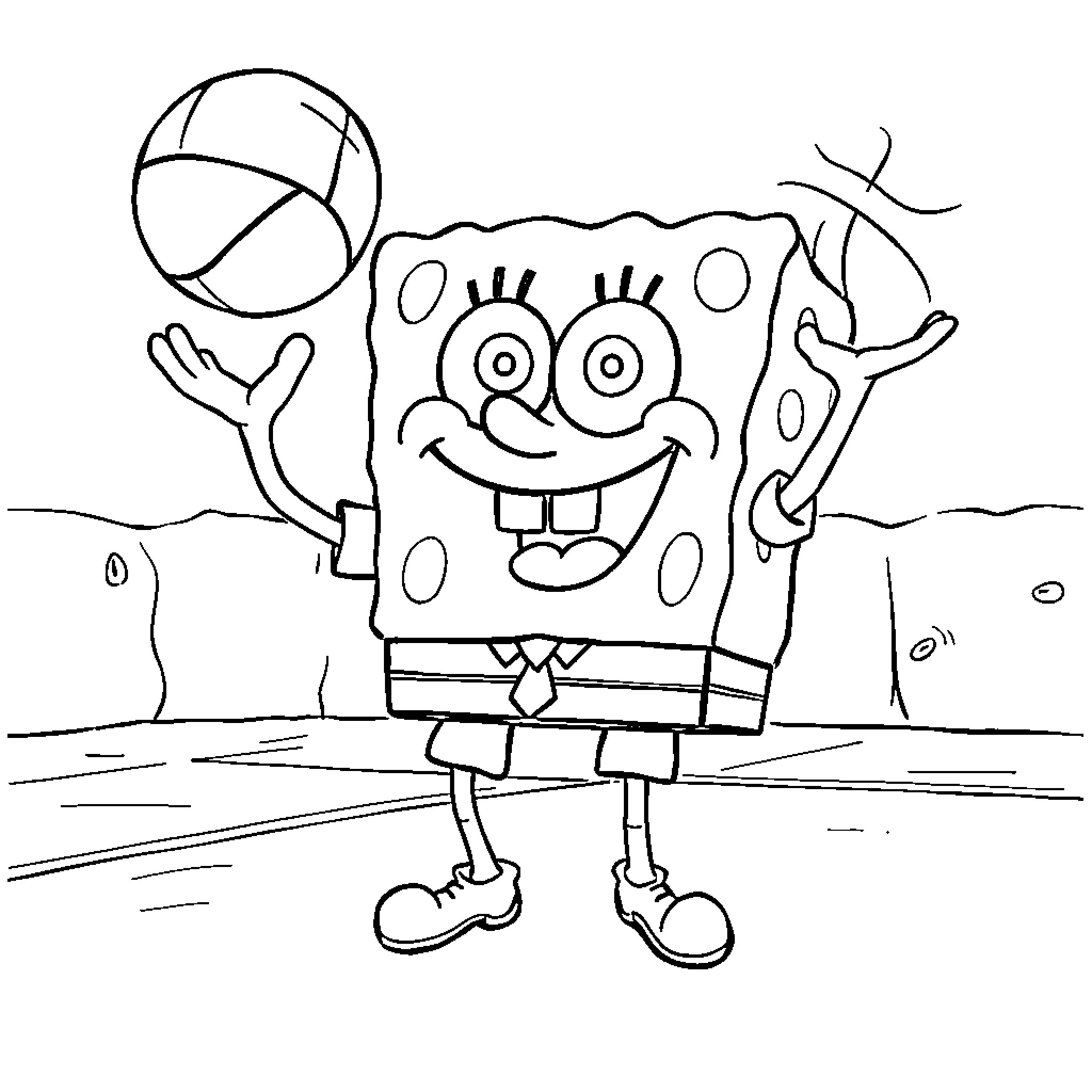 Spongebob playing joyfully with a beach ball Coloring Page (free black-and-white line drawing printable PDF for all, from beginners to advanced learners, including children, teens, adults, and seniors)