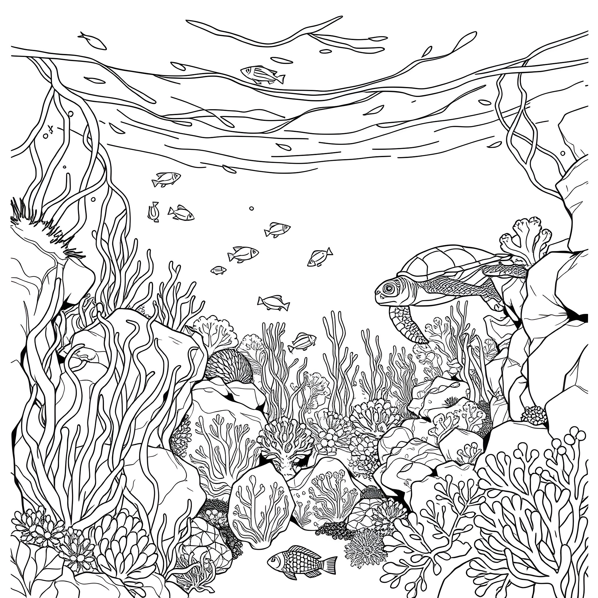 Ocean filled with vibrant marine life Coloring Page (free black-and-white line drawing printable PDF for all, from beginners to advanced learners, including children, teens, adults, and seniors)