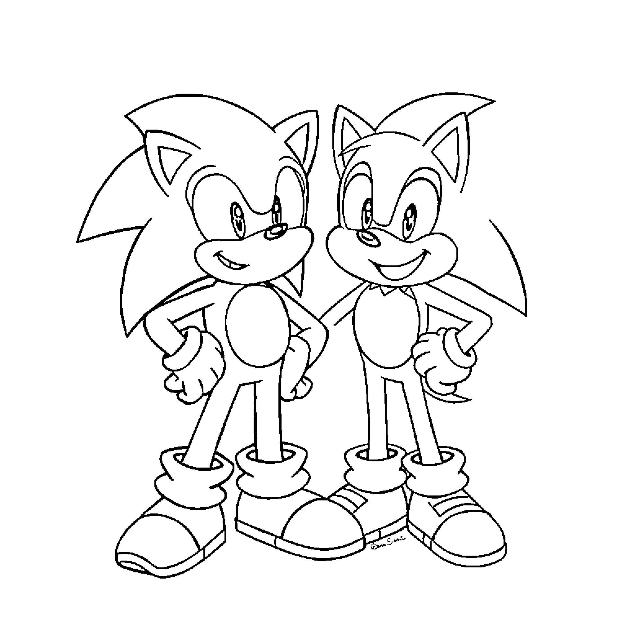Sonic characters in cheerful poses Coloring Page (free black-and-white line drawing printable PDF for all, from beginners to advanced learners, including children, teens, adults, and seniors)