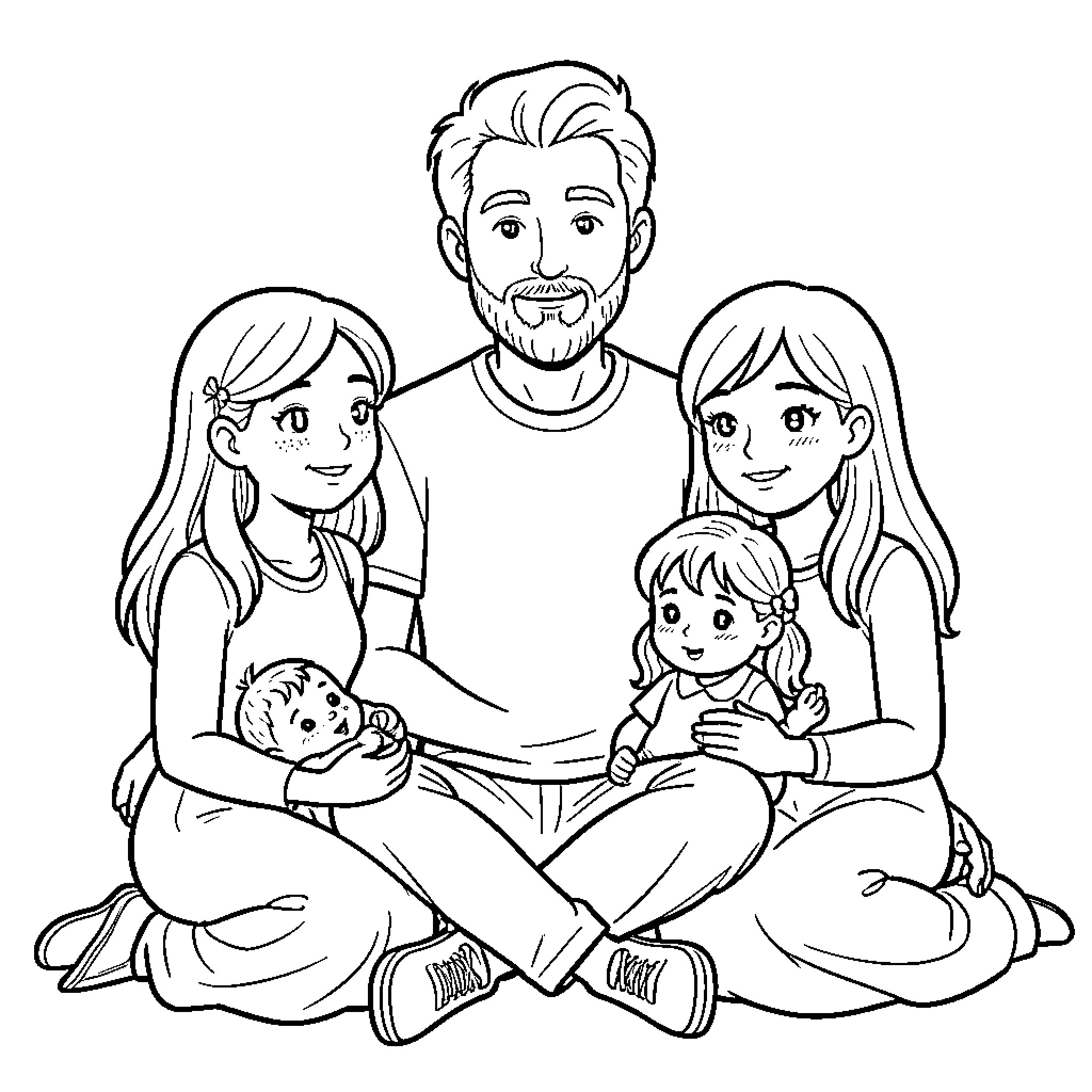 Father smiling while sitting with his loving family Coloring Page (free black-and-white line drawing printable PDF for all, from beginners to advanced learners, including children, teens, adults, and seniors)