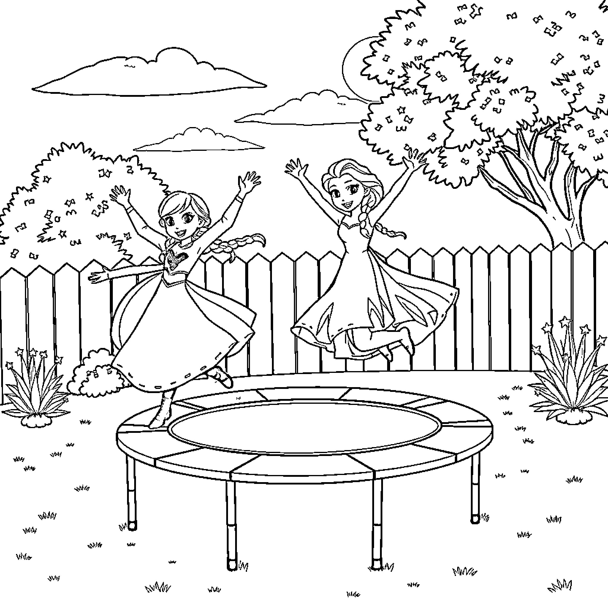 Anna and Elsa playing joyfully on a trampoline Coloring Page (free black-and-white line drawing printable PDF for all, from beginners to advanced learners, including children, teens, adults, and seniors)