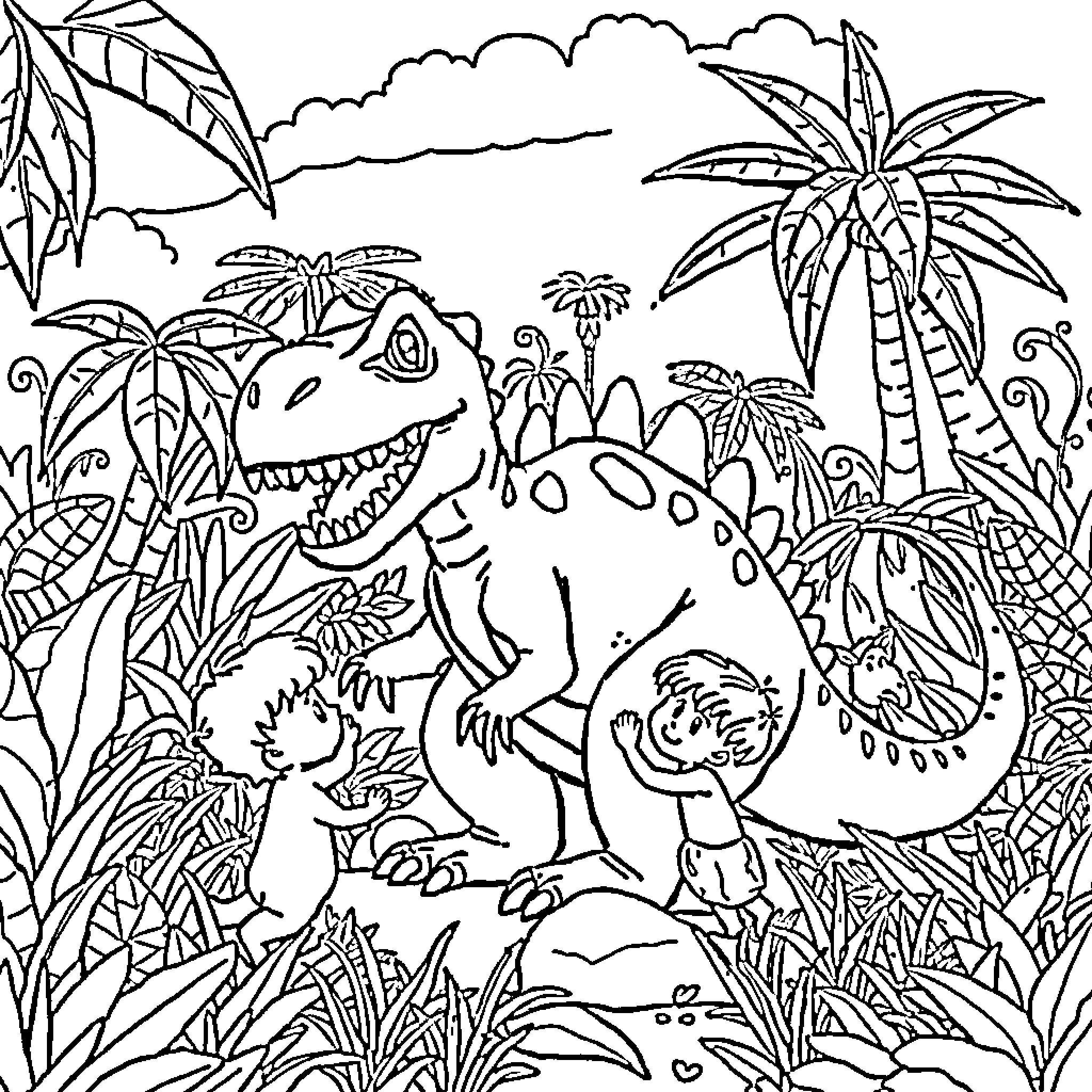 Dinosaur exploring lush jungle landscape Coloring Page (free black-and-white line drawing printable PDF for all, from beginners to advanced learners, including children, teens, adults, and seniors)