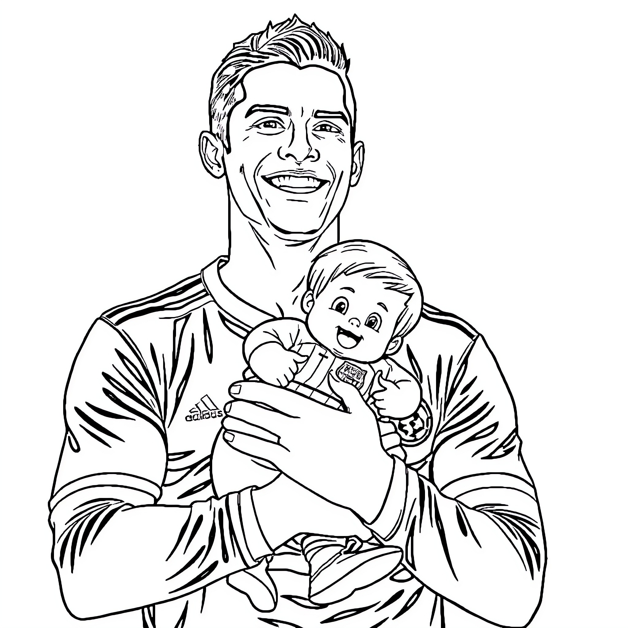 Ronaldo Smiling Affectionately with Young Fan Coloring Page (free black-and-white line drawing printable PDF for all, from beginners to advanced learners, including children, teens, adults, and seniors)