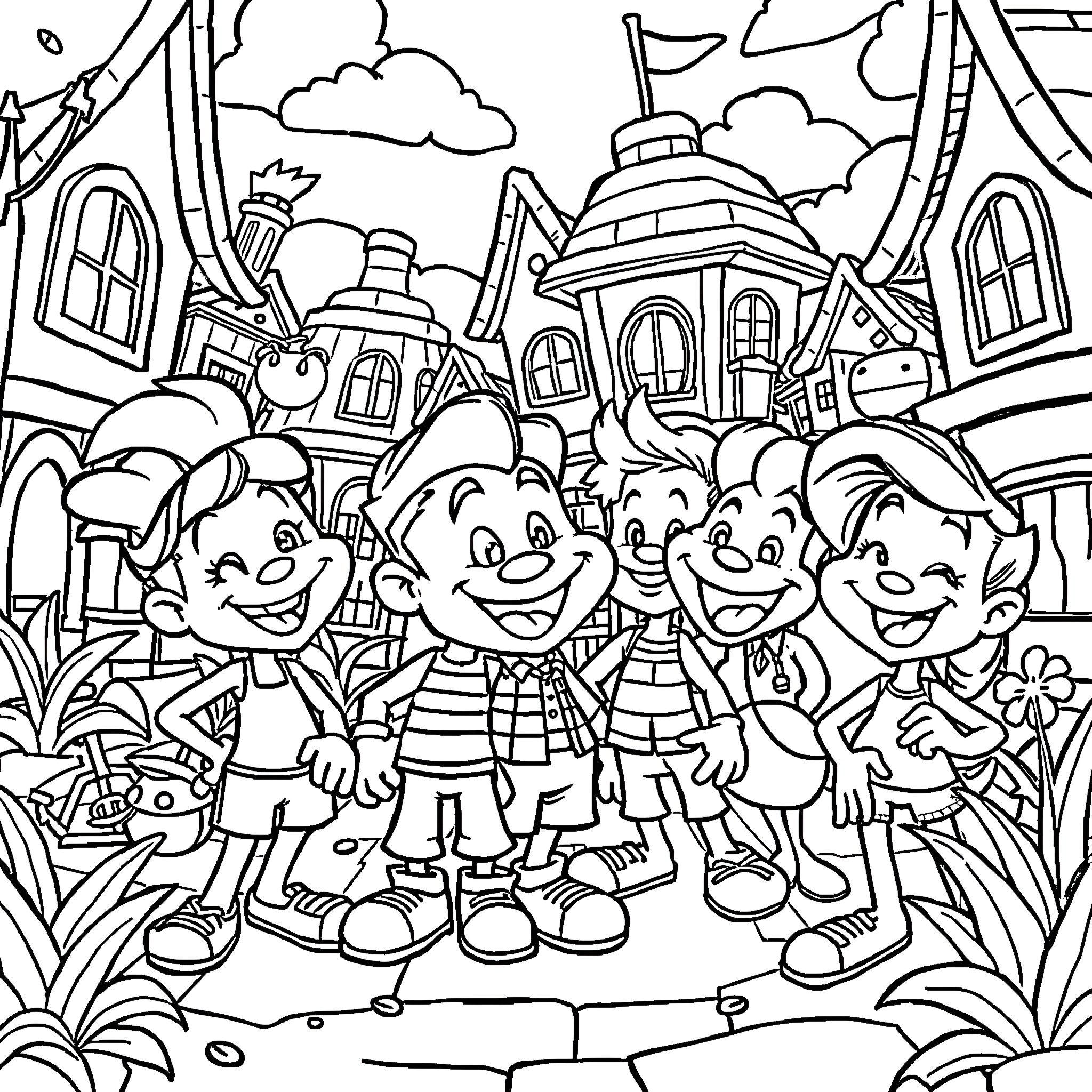 Toontown Character Group Celebration in Magical Town Coloring Page (free black-and-white line drawing printable PDF for all, from beginners to advanced learners, including children, teens, adults, and seniors)