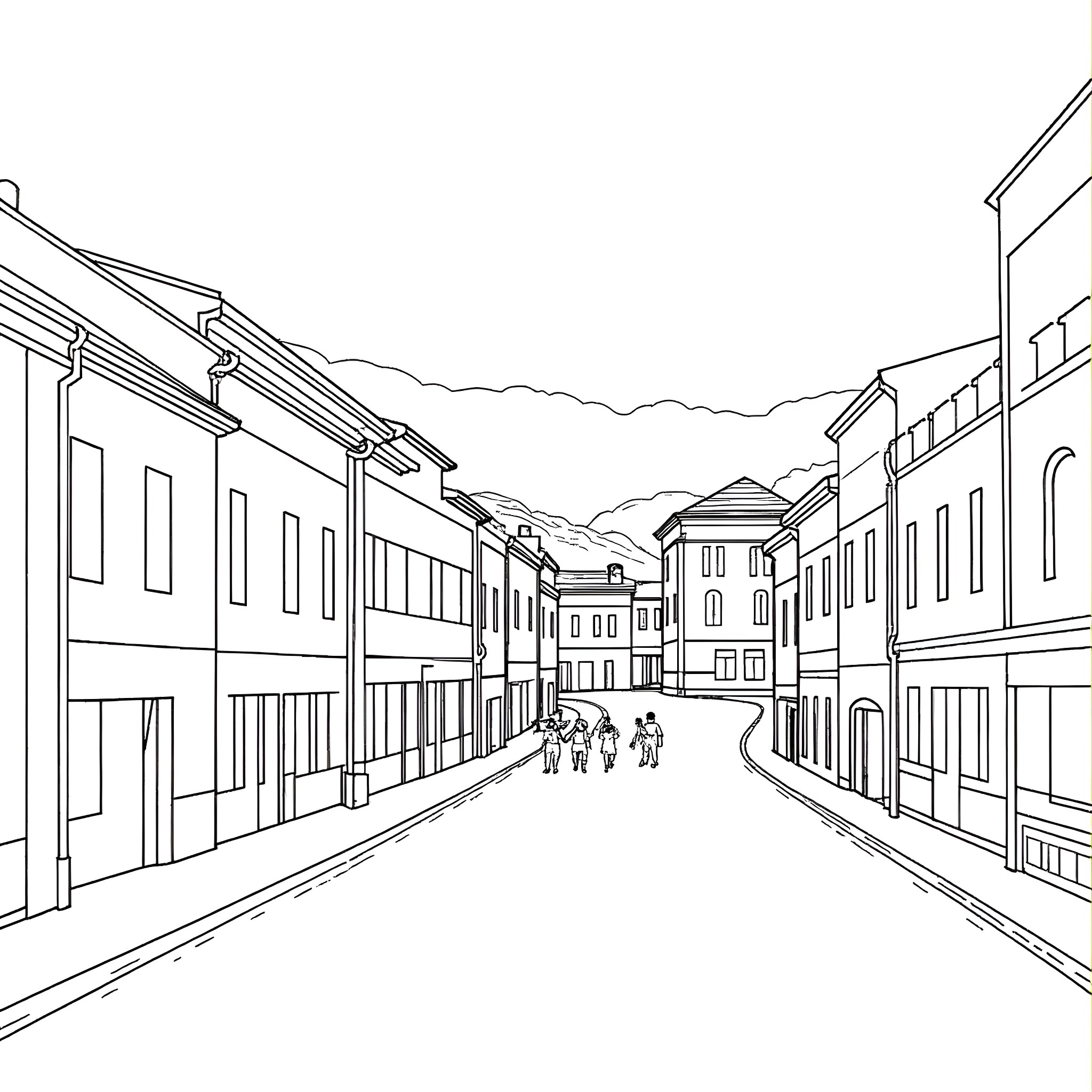 Campobasso street scene with people walking Coloring Page (free black-and-white line drawing printable PDF for all, from beginners to advanced learners, including children, teens, adults, and seniors)