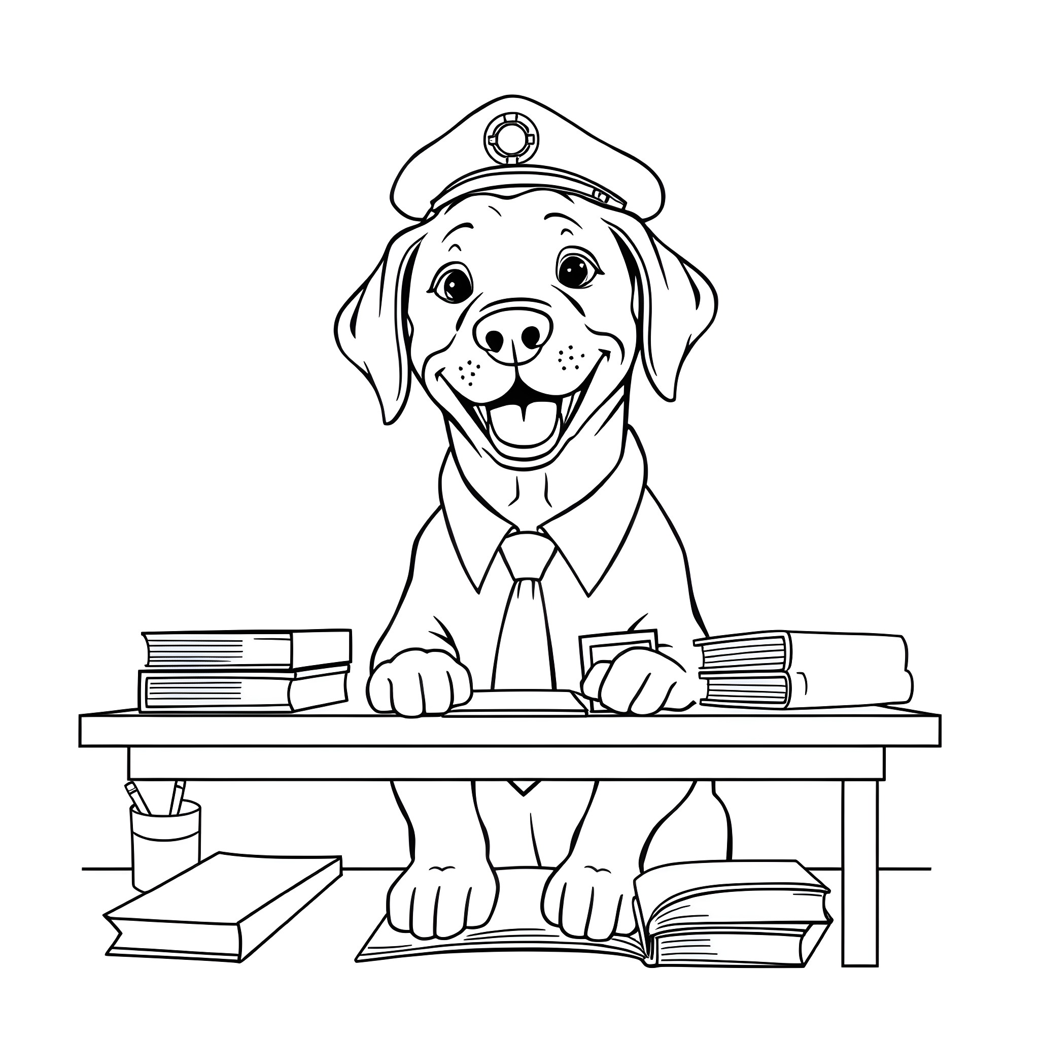Labrador wearing officer's uniform at desk Coloring Page (free black-and-white line drawing printable PDF for all, from beginners to advanced learners, including children, teens, adults, and seniors)
