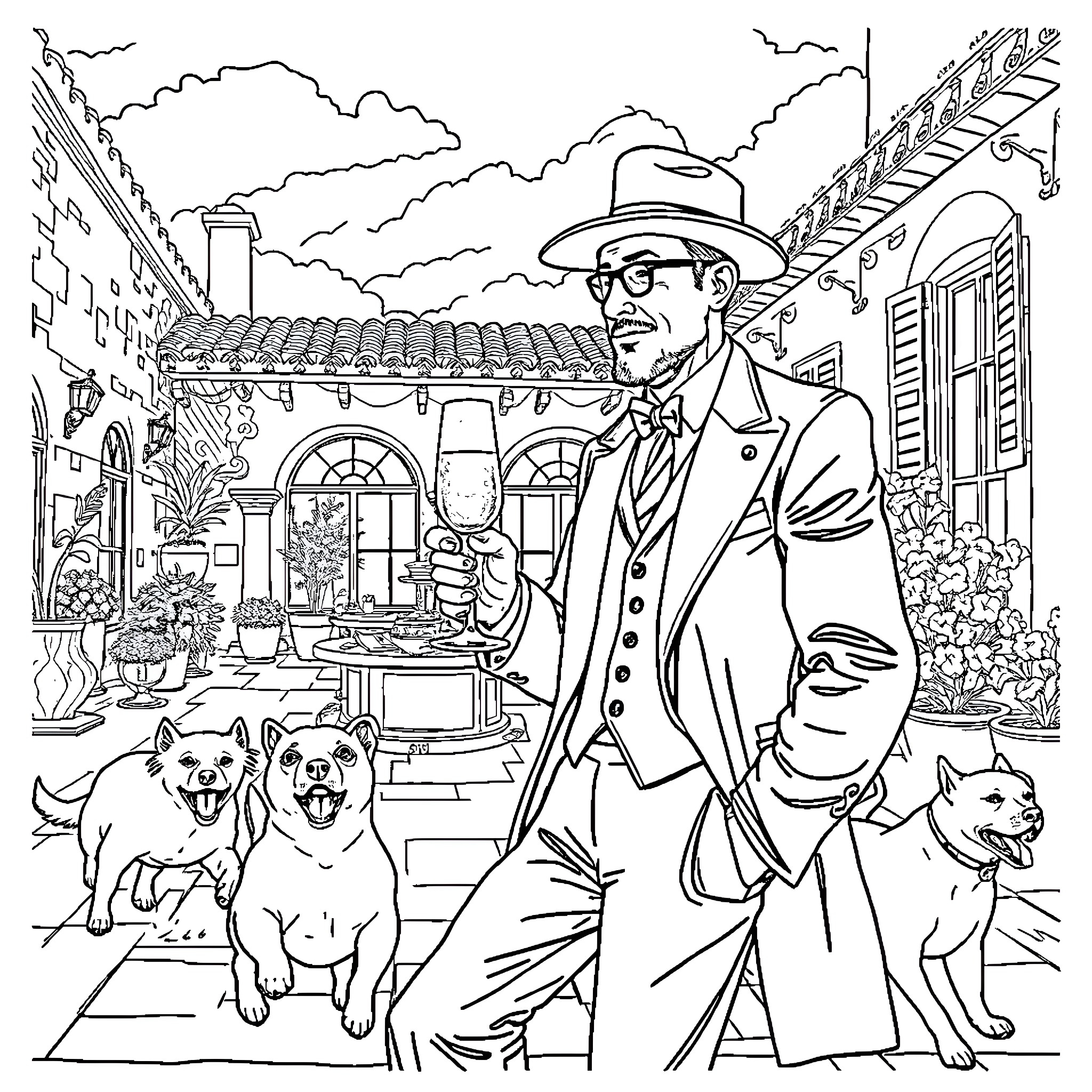 Dom strolling with his canine companions in the town plaza Coloring Page (free black-and-white line drawing printable PDF for all, from beginners to advanced learners, including children, teens, adults, and seniors)