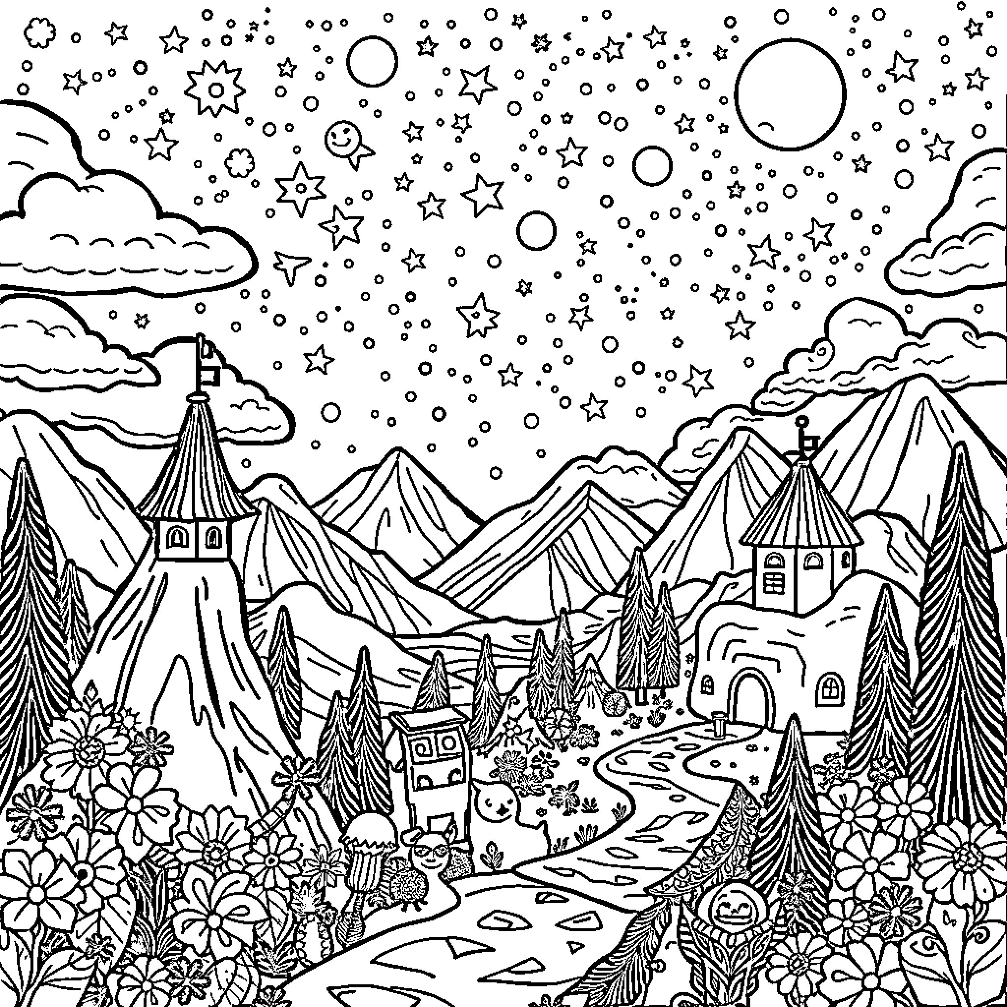 Dandy Starry Mountain Landscape Coloring Page (free black-and-white line drawing printable PDF for all, from beginners to advanced learners, including children, teens, adults, and seniors)