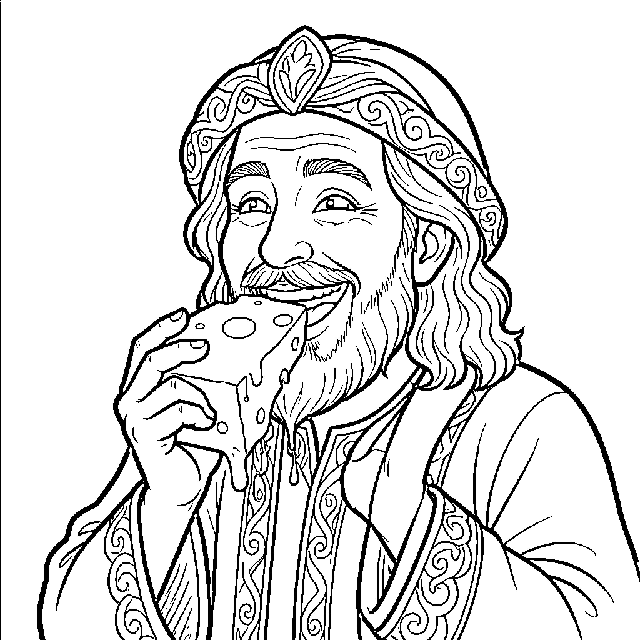 Rumi in deep contemplation with ornate attire Coloring Page (free black-and-white line drawing printable PDF for all, from beginners to advanced learners, including children, teens, adults, and seniors)