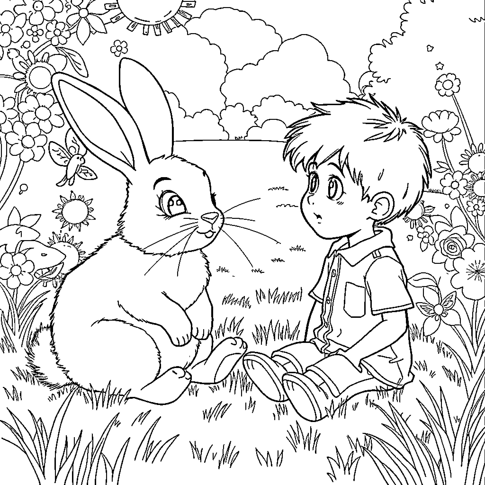 Rabbit and Boy Exploring the Floral Garden Coloring Page (free black-and-white line drawing printable PDF for all, from beginners to advanced learners, including children, teens, adults, and seniors)