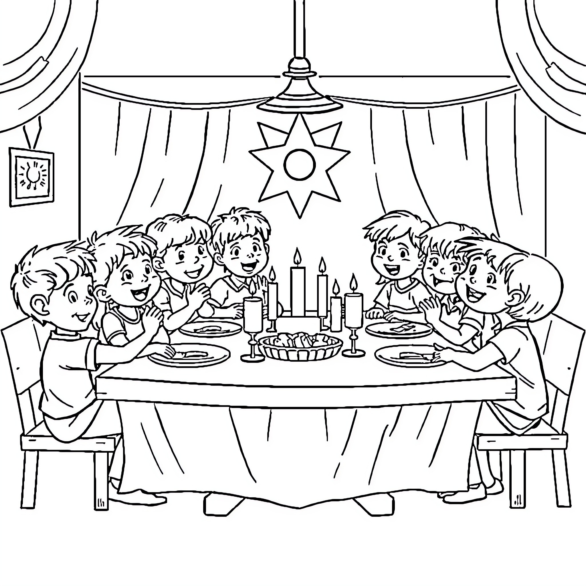 Child's Festive Dinner Celebration Coloring Page (free black-and-white line drawing printable PDF for all, from beginners to advanced learners, including children, teens, adults, and seniors)