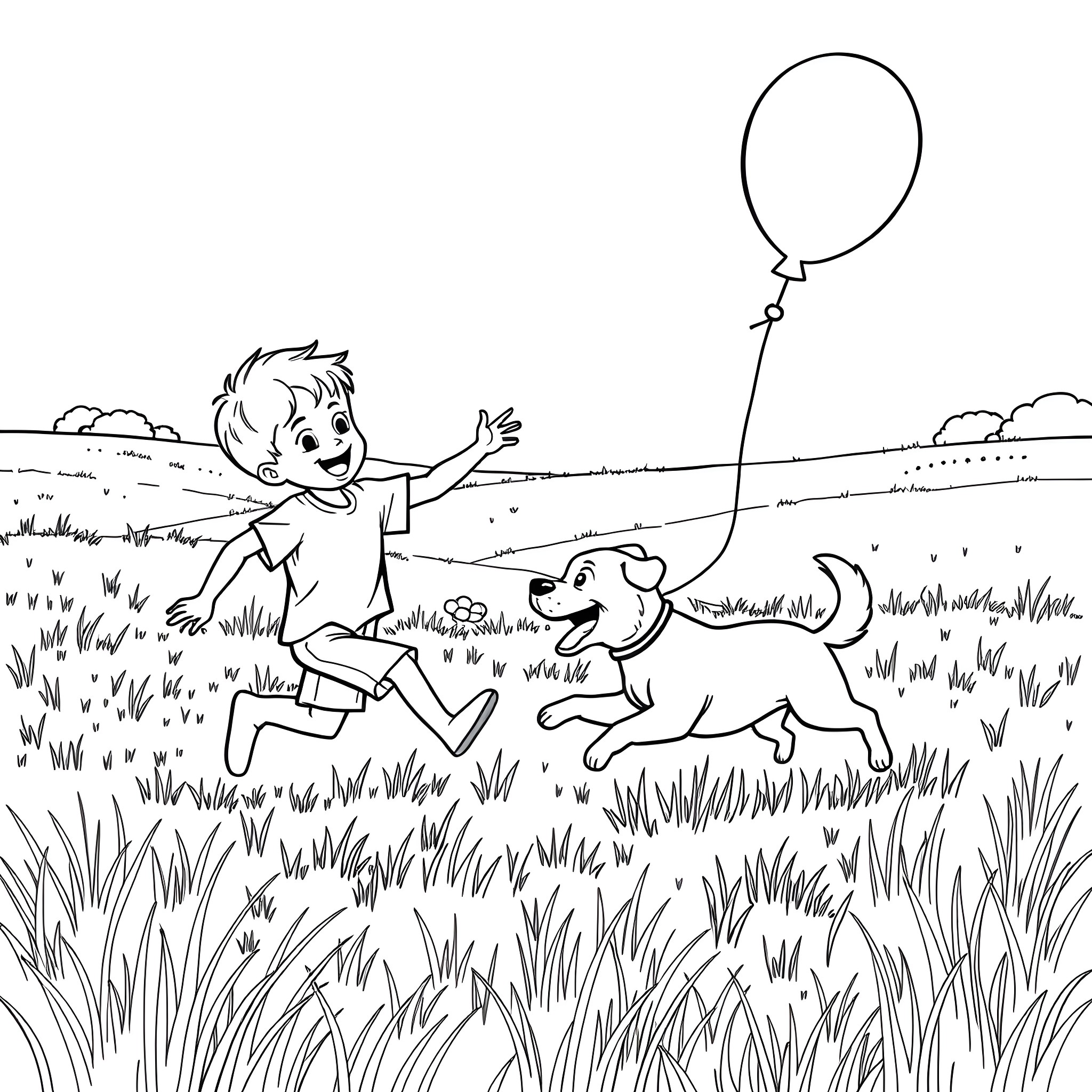 Dog and boy playing with balloon in the park Coloring Page (free black-and-white line drawing printable PDF for all, from beginners to advanced learners, including children, teens, adults, and seniors)