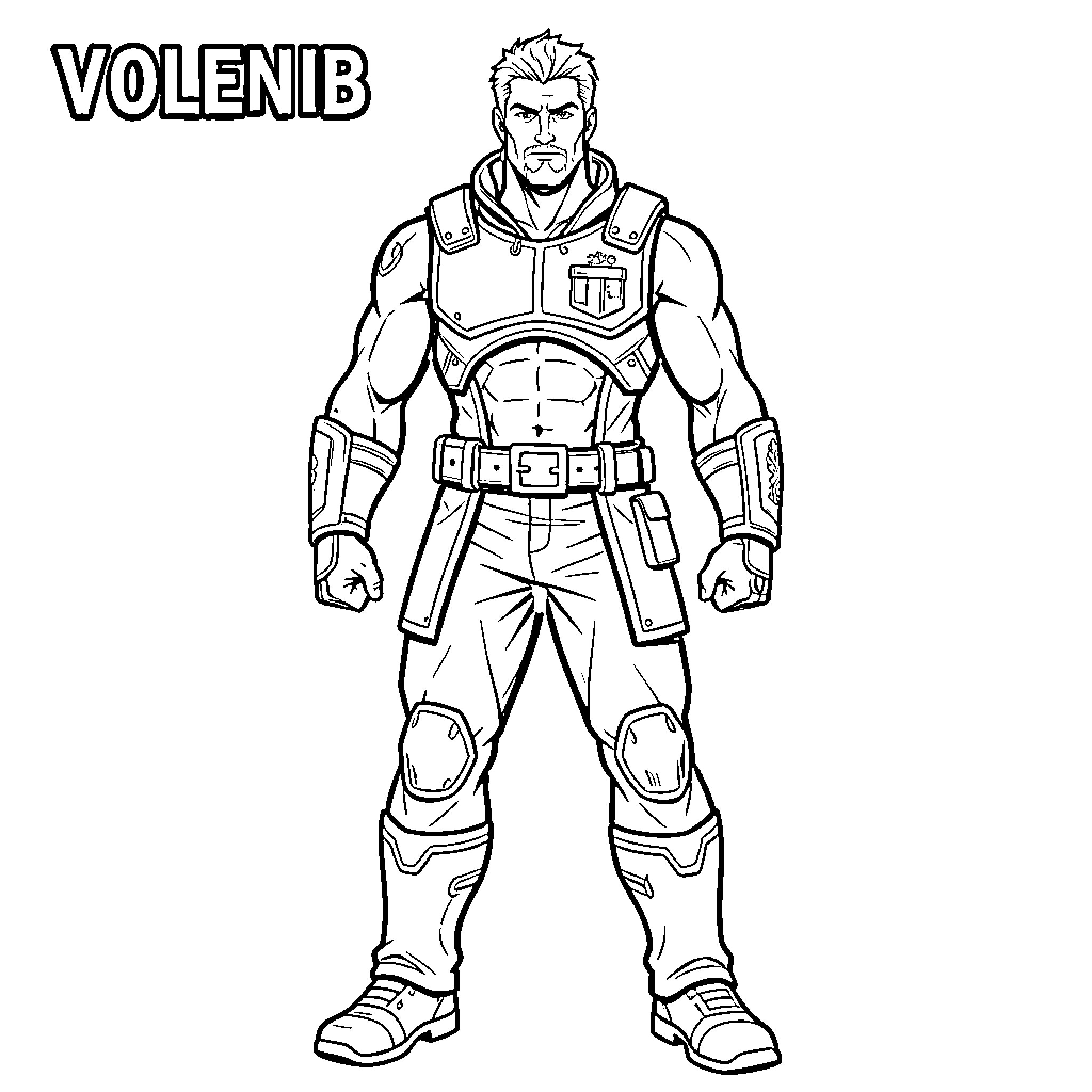 Volenb muscular man wearing futuristic tactical armor Coloring Page (free black-and-white line drawing printable PDF for all, from beginners to advanced learners, including children, teens, adults, and seniors)