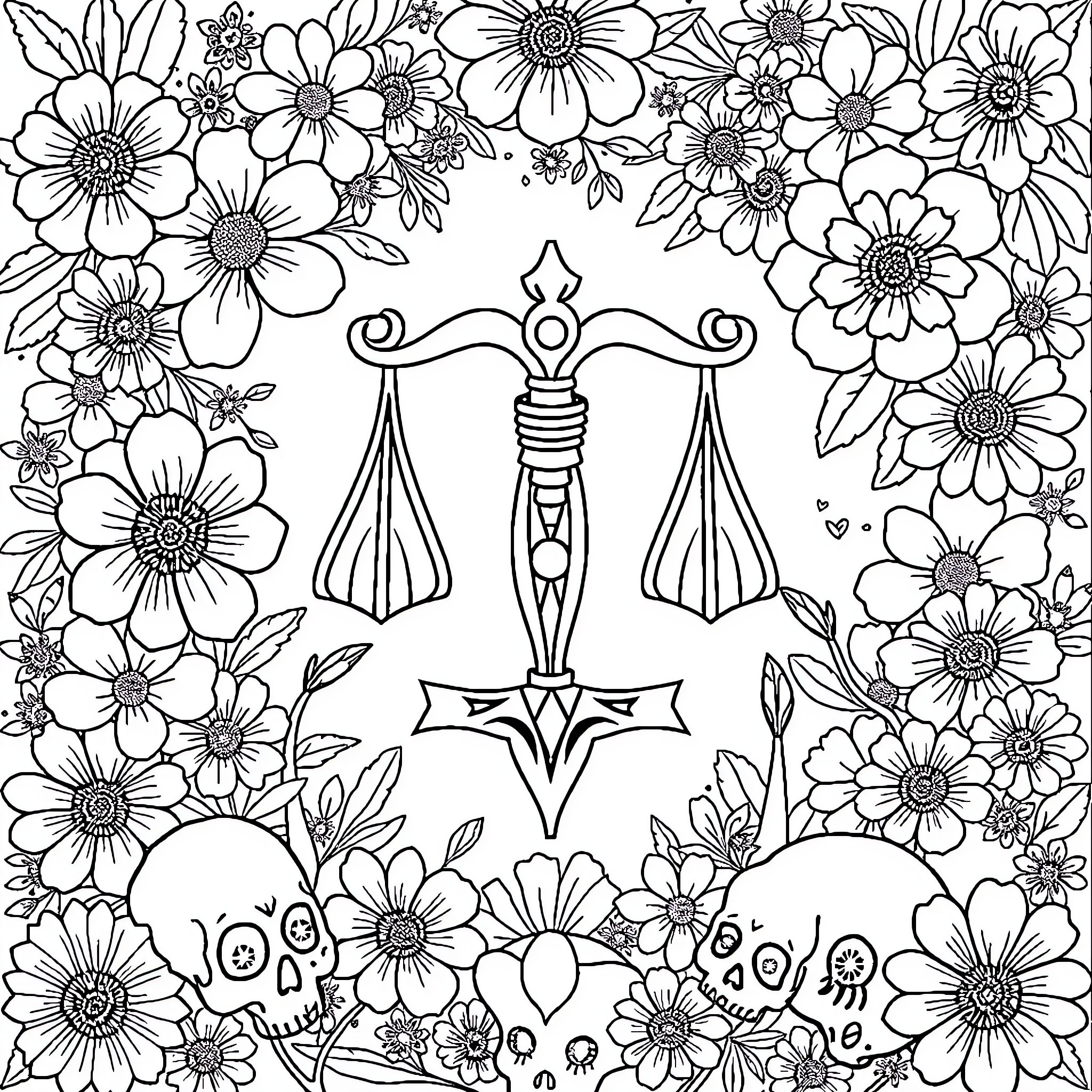 Libra Zodiac Symbol Surrounded by Floral Patterns Coloring Page (free black-and-white line drawing printable PDF for all, from beginners to advanced learners, including children, teens, adults, and seniors)