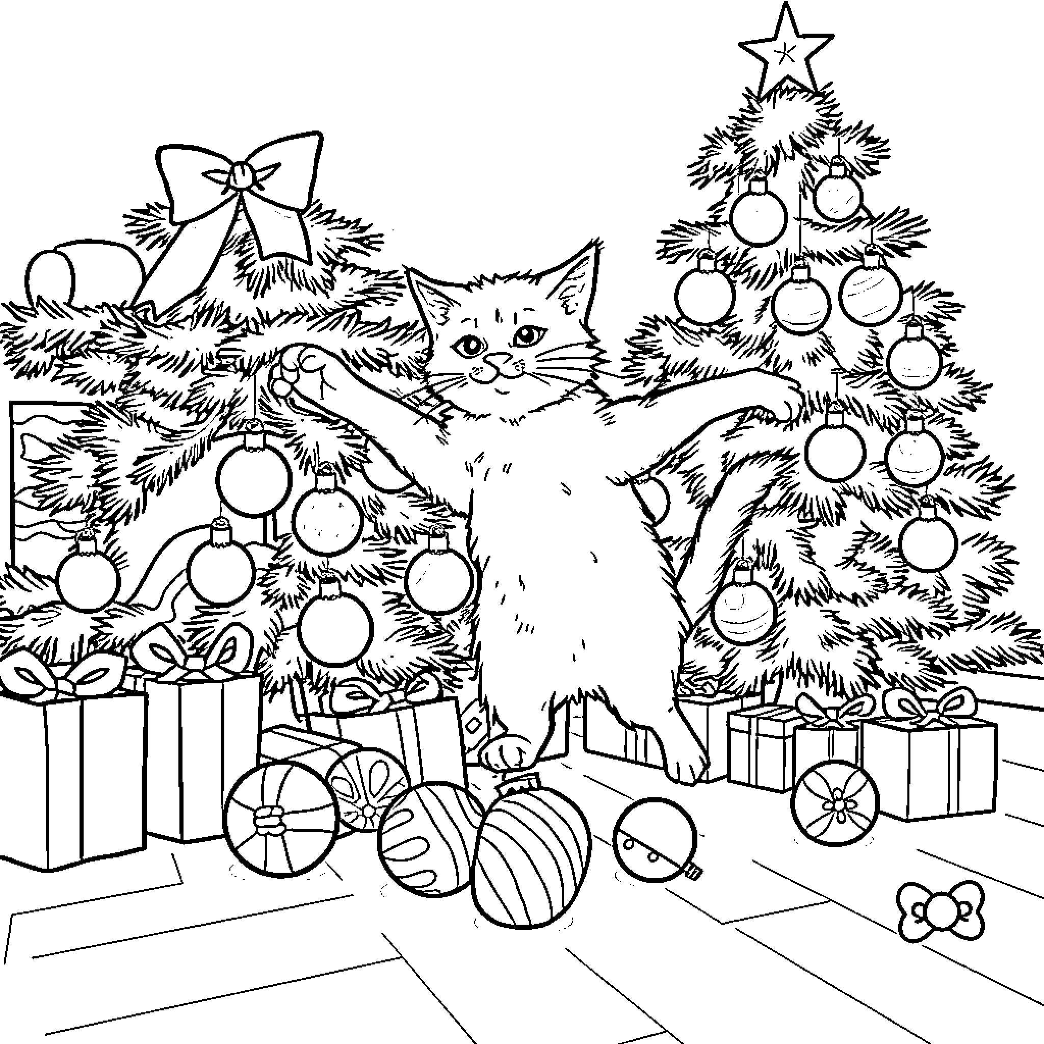Cat playing in festive Christmas scene Coloring Page (free black-and-white line drawing printable PDF for all, from beginners to advanced learners, including children, teens, adults, and seniors)