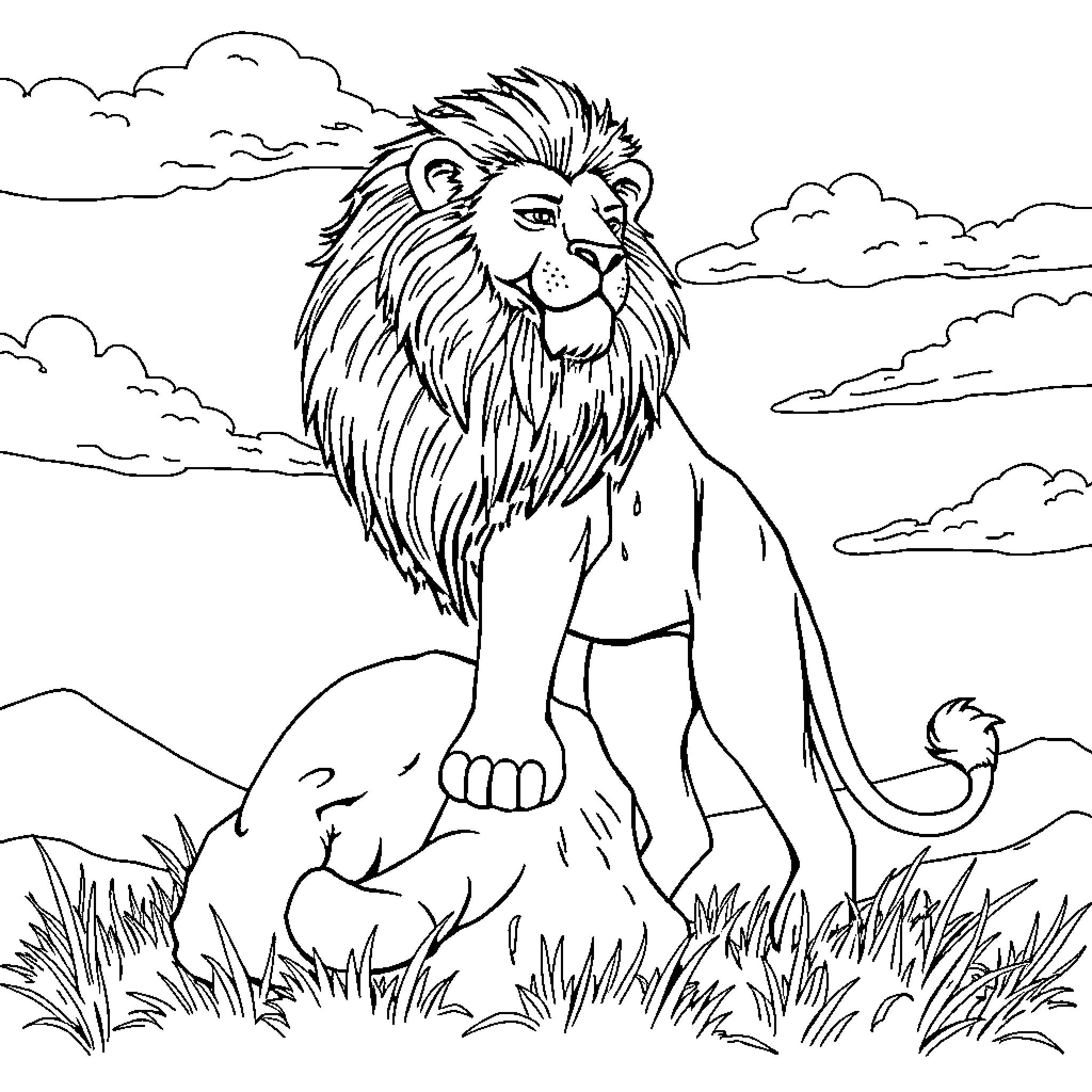 Lion standing proudly in a lush landscape Coloring Page (free black-and-white line drawing printable PDF for all, from beginners to advanced learners, including children, teens, adults, and seniors)