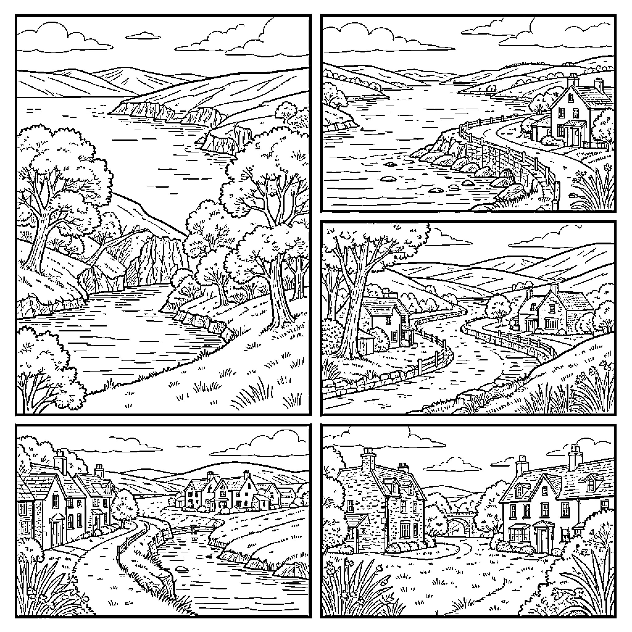 County Countryside Landscapes with Rural Scenes Coloring Page (free black-and-white line drawing printable PDF for all, from beginners to advanced learners, including children, teens, adults, and seniors)