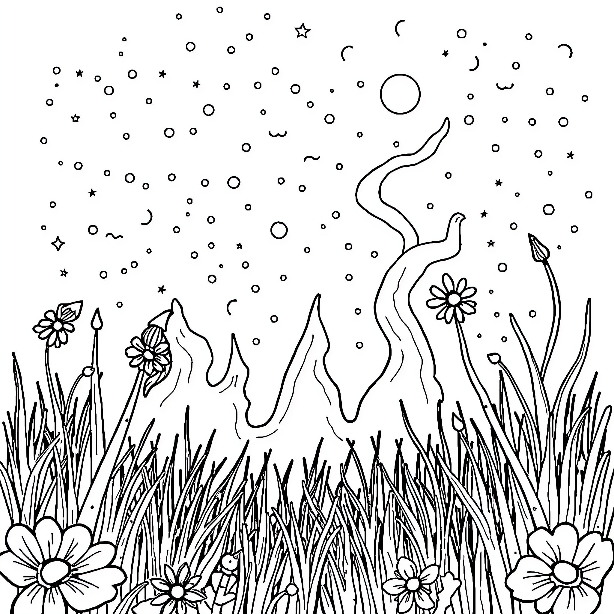 Surprise starry night in a whimsical garden Coloring Page (free black-and-white line drawing printable PDF for all, from beginners to advanced learners, including children, teens, adults, and seniors)