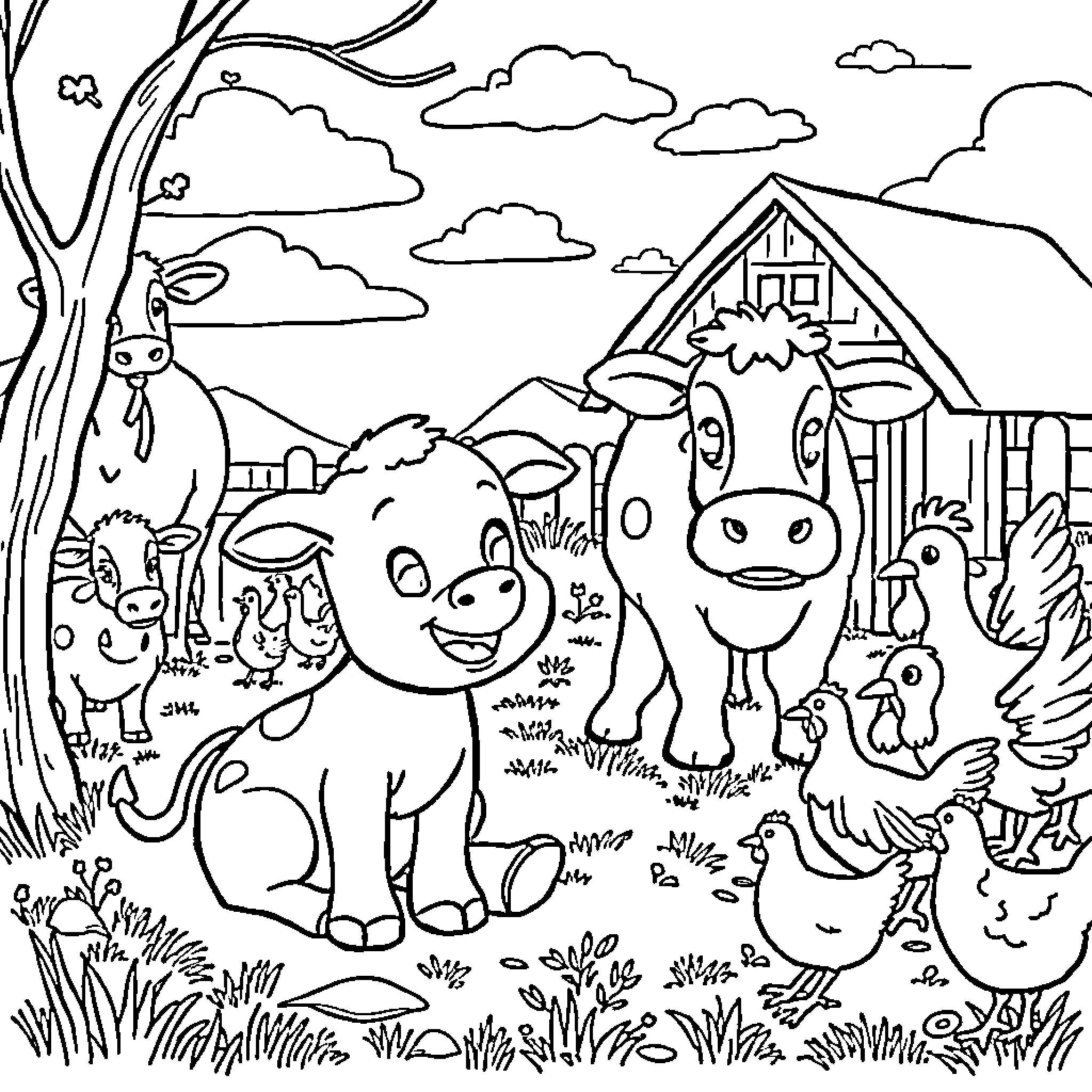 Bluey's Barnyard Adventure Coloring Page (free black-and-white line drawing printable PDF for all, from beginners to advanced learners, including children, teens, adults, and seniors)
