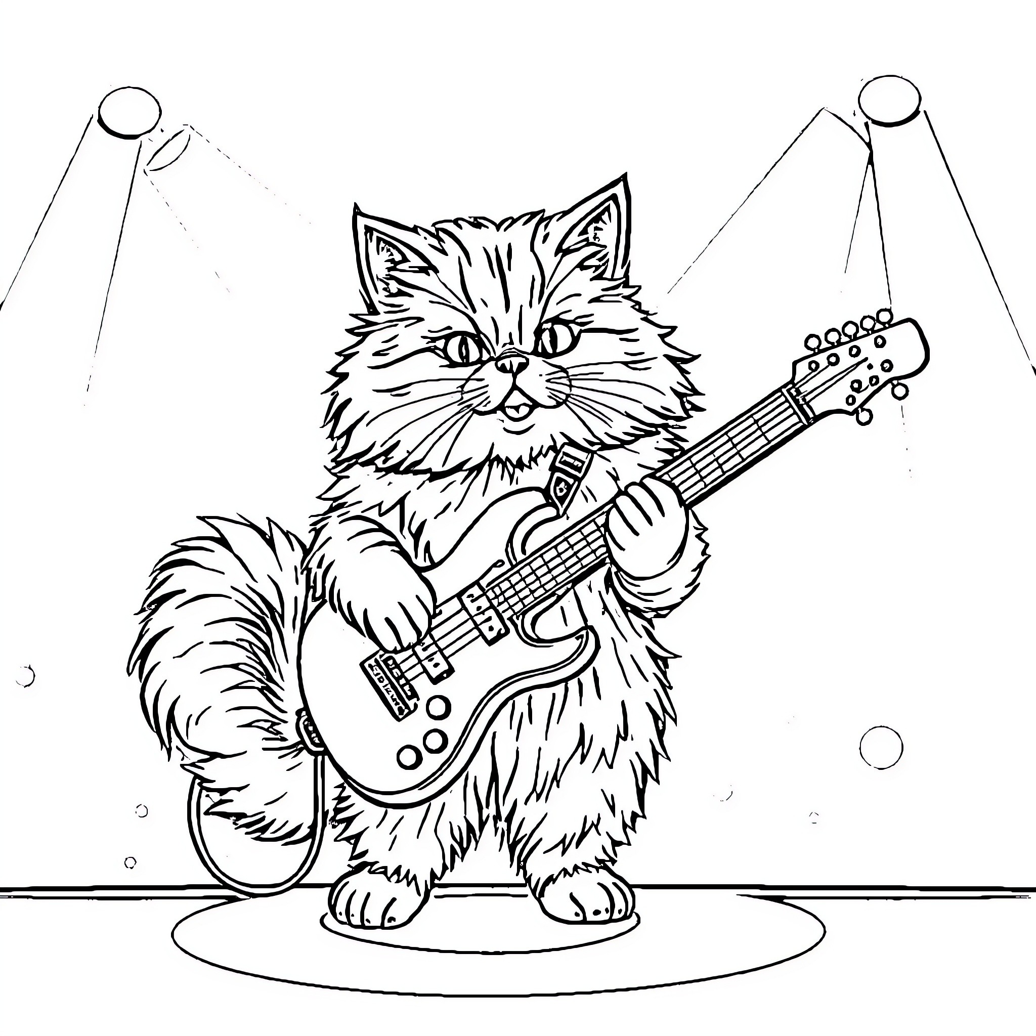 Persian Cat Playing Guitar in Spotlight Coloring Page (free black-and-white line drawing printable PDF for all, from beginners to advanced learners, including children, teens, adults, and seniors)