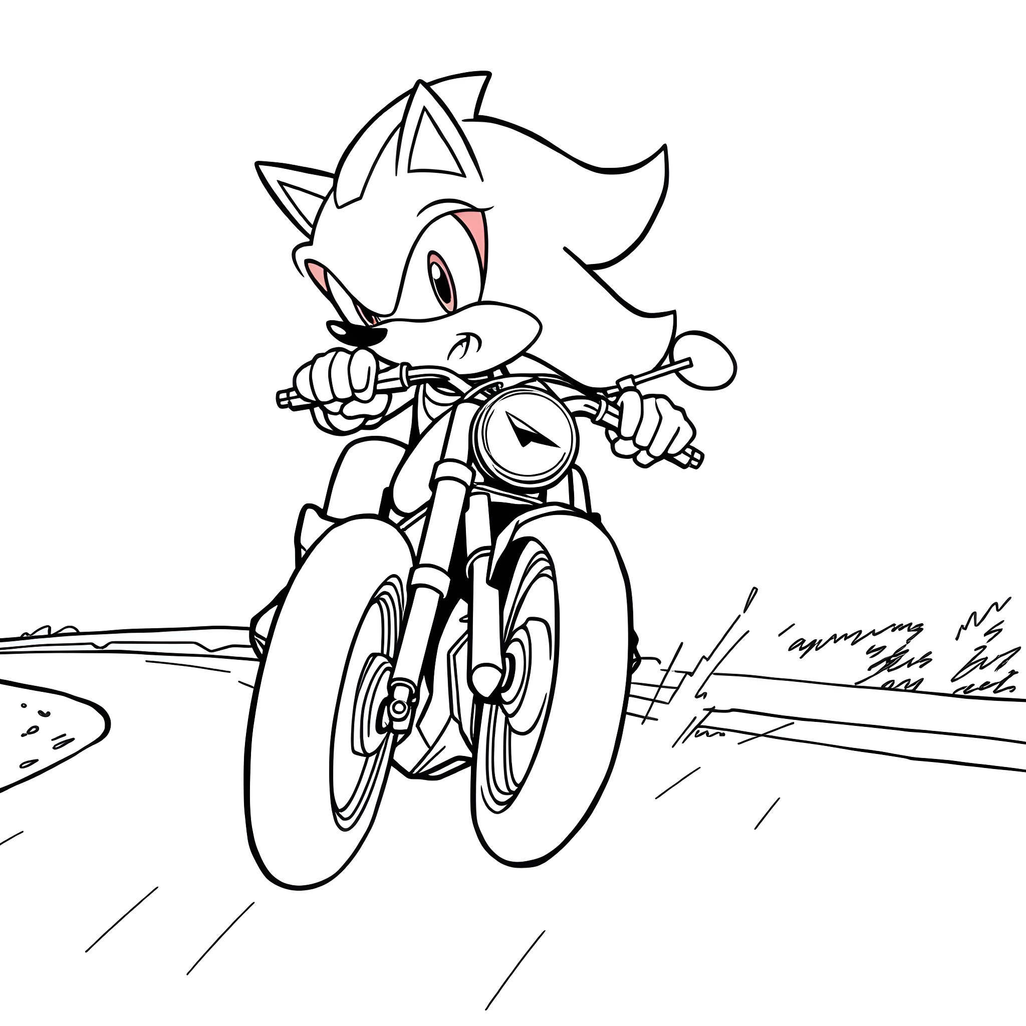 Shadow of a speedy hedgehog riding a motorcycle Coloring Page (free black-and-white line drawing printable PDF for all, from beginners to advanced learners, including children, teens, adults, and seniors)