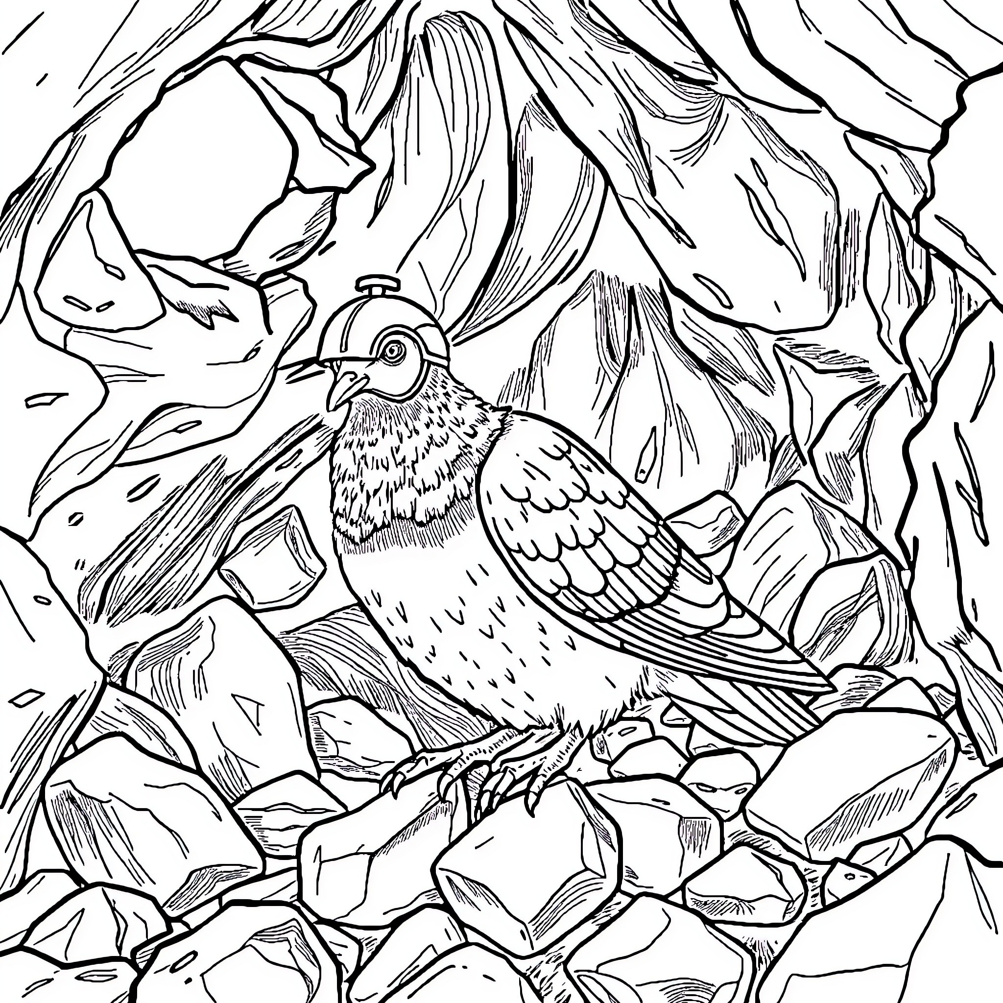 Pigeon perching among rocky crags Coloring Page (free black-and-white line drawing printable PDF for all, from beginners to advanced learners, including children, teens, adults, and seniors)