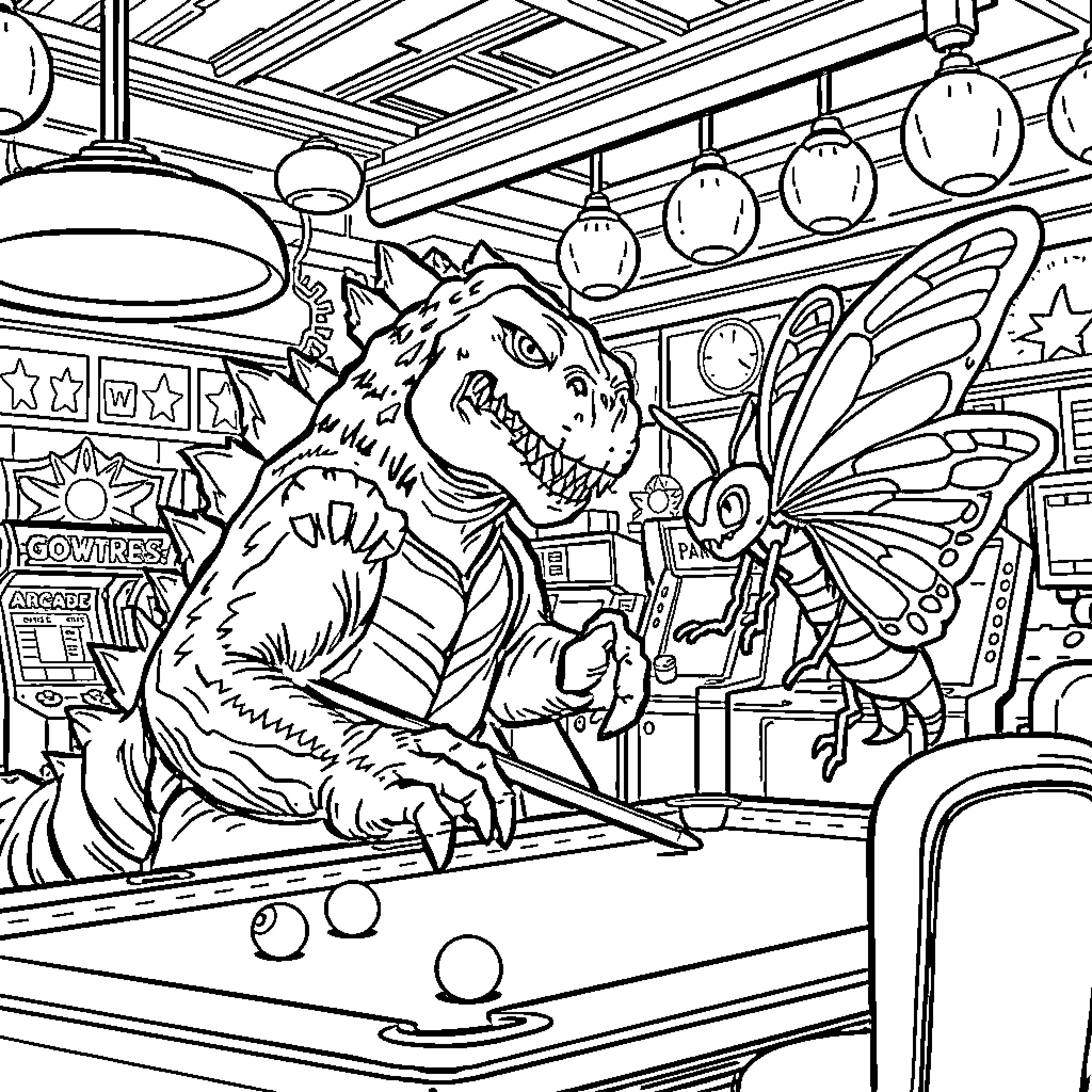 Godzilla battles a giant monster in a colorful arcade Coloring Page (free black-and-white line drawing printable PDF for all, from beginners to advanced learners, including children, teens, adults, and seniors)