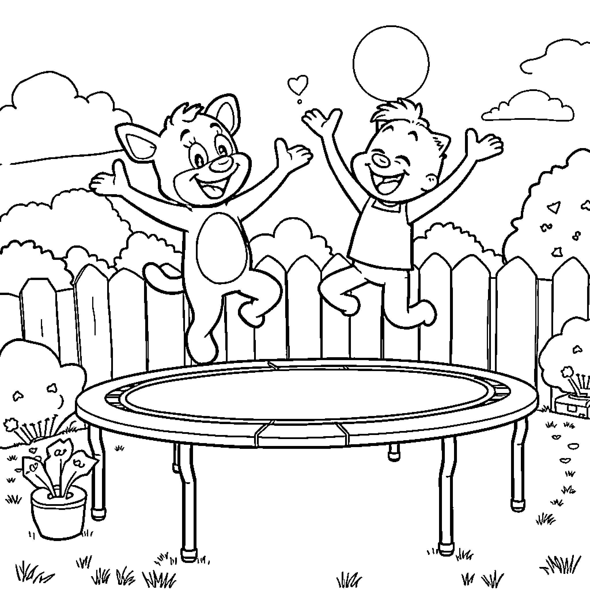 Bluey's joyful antics on the trampoline Coloring Page (free black-and-white line drawing printable PDF for all, from beginners to advanced learners, including children, teens, adults, and seniors)