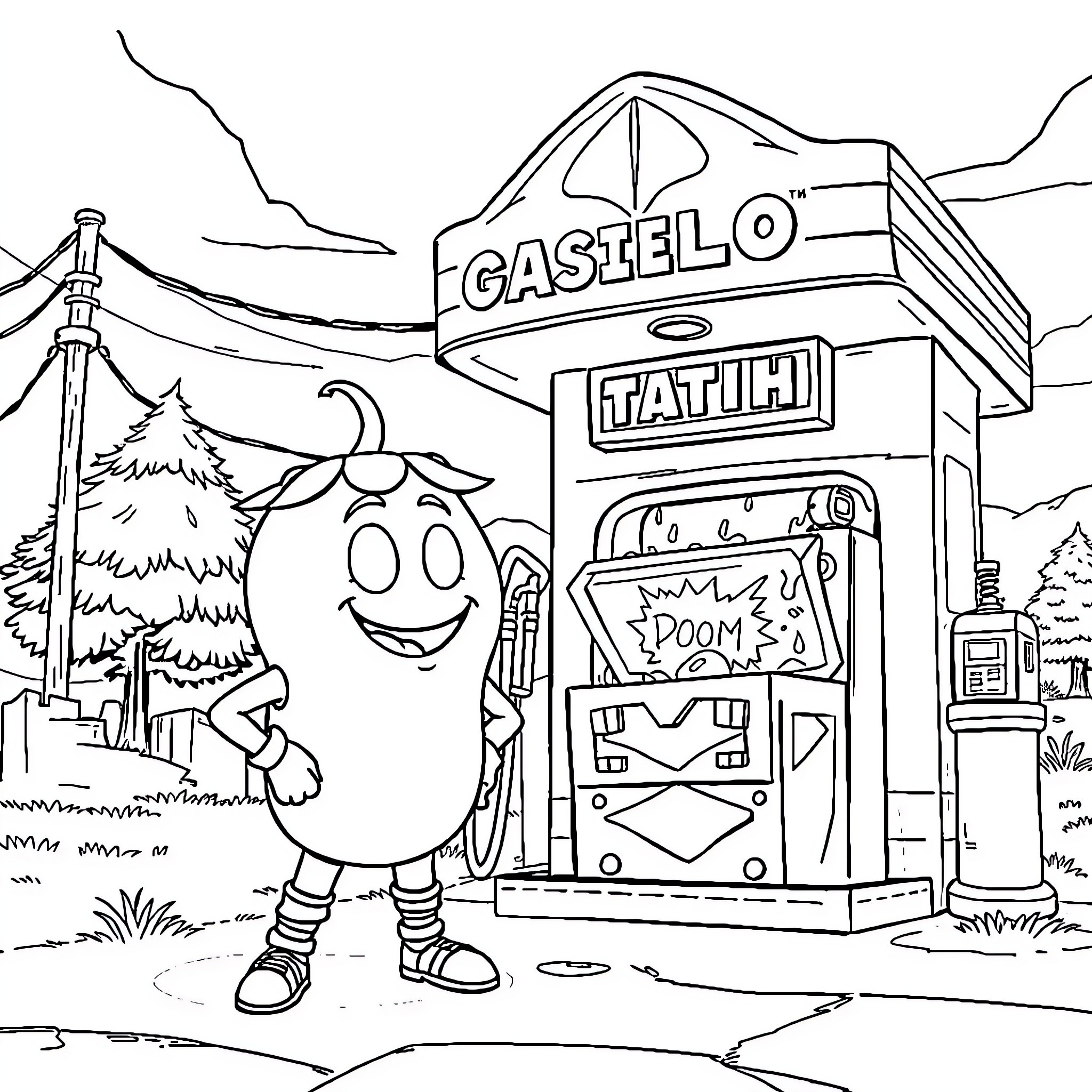 Tomatohead visits the Gasielo Tatich game arcade Coloring Page (free black-and-white line drawing printable PDF for all, from beginners to advanced learners, including children, teens, adults, and seniors)