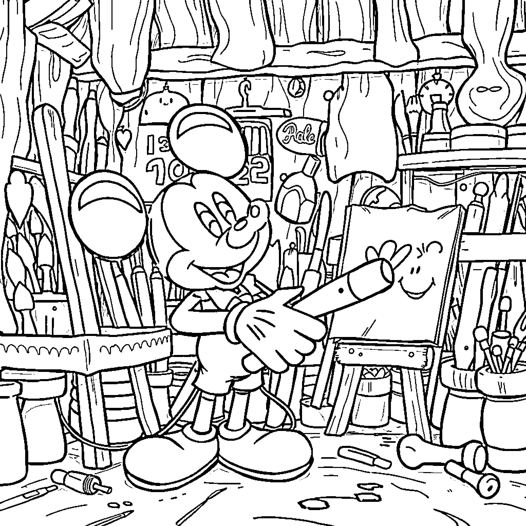 Mickey's Artistic Workshop with Paintbrushes and Supplies Coloring Page (free black-and-white line drawing printable PDF for all, from beginners to advanced learners, including children, teens, adults, and seniors)