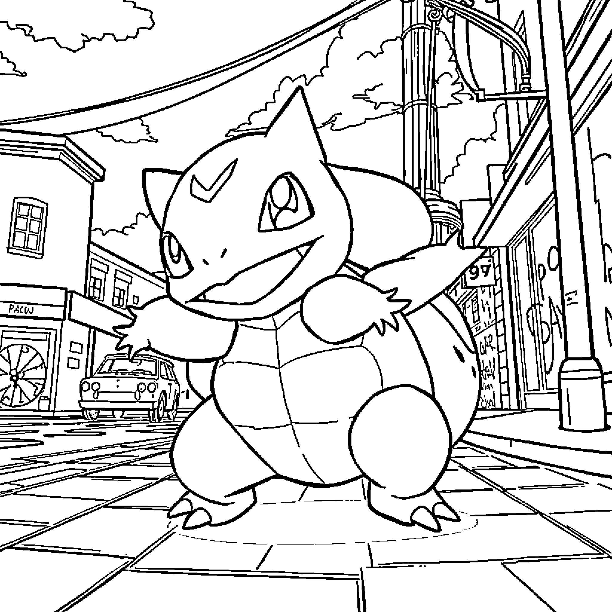 Bulbasaur exploring the city streets Coloring Page (free black-and-white line drawing printable PDF for all, from beginners to advanced learners, including children, teens, adults, and seniors)