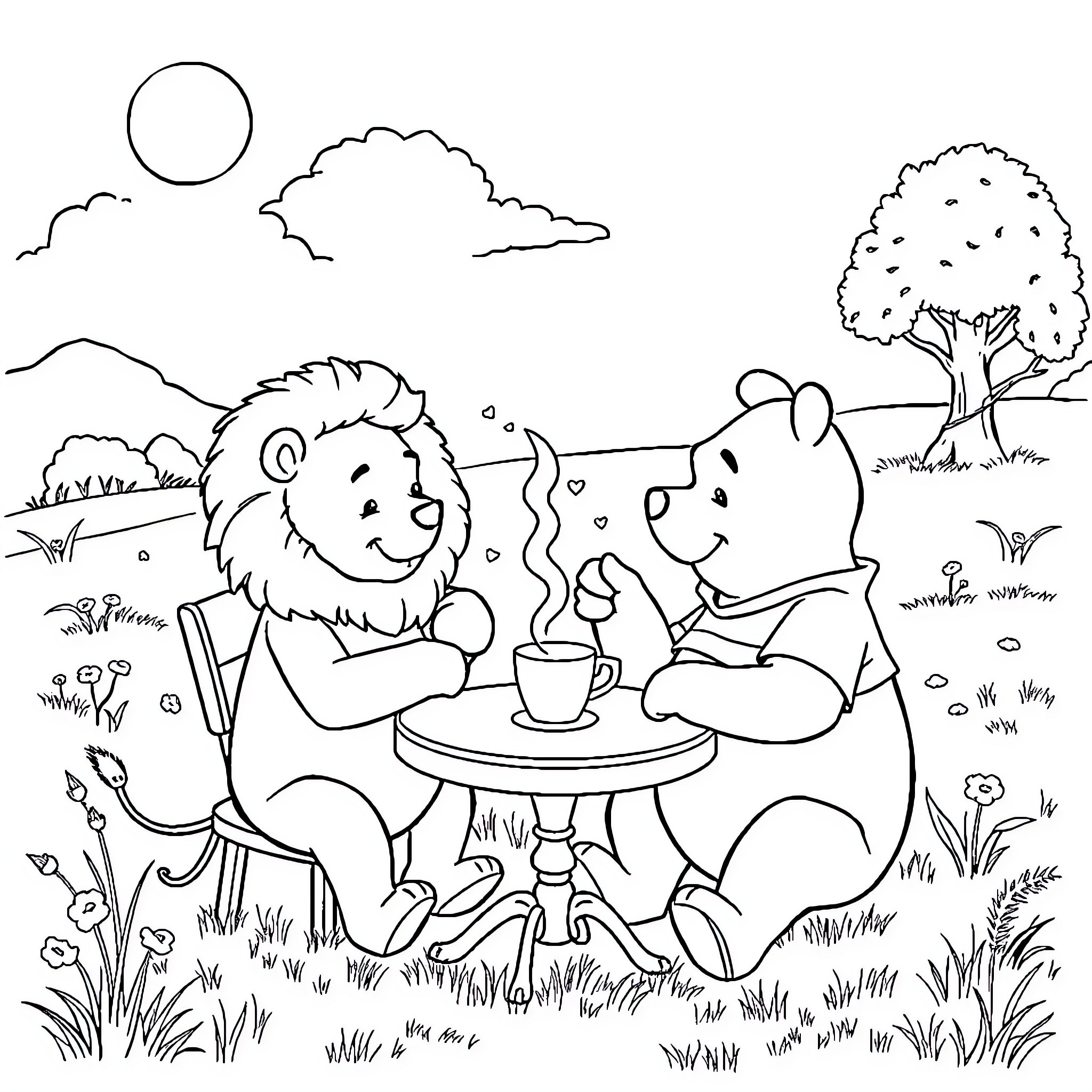 Winnie The Pooh and Friends Enjoying a Picnic in the Park Coloring Page (free black-and-white line drawing printable PDF for all, from beginners to advanced learners, including children, teens, adults, and seniors)