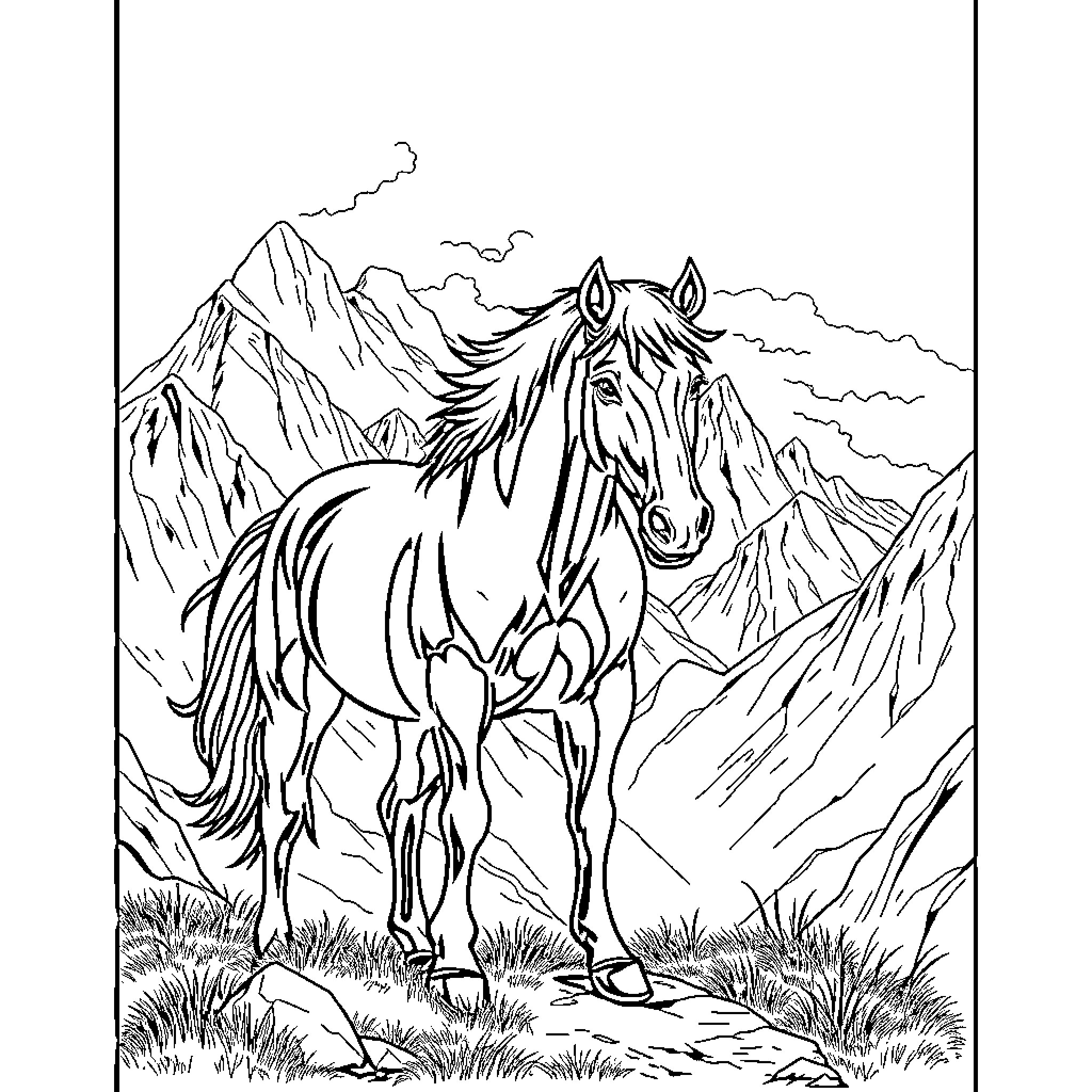 Horse in the Majestic Mountain Landscape Coloring Page (free black-and-white line drawing printable PDF for all, from beginners to advanced learners, including children, teens, adults, and seniors)