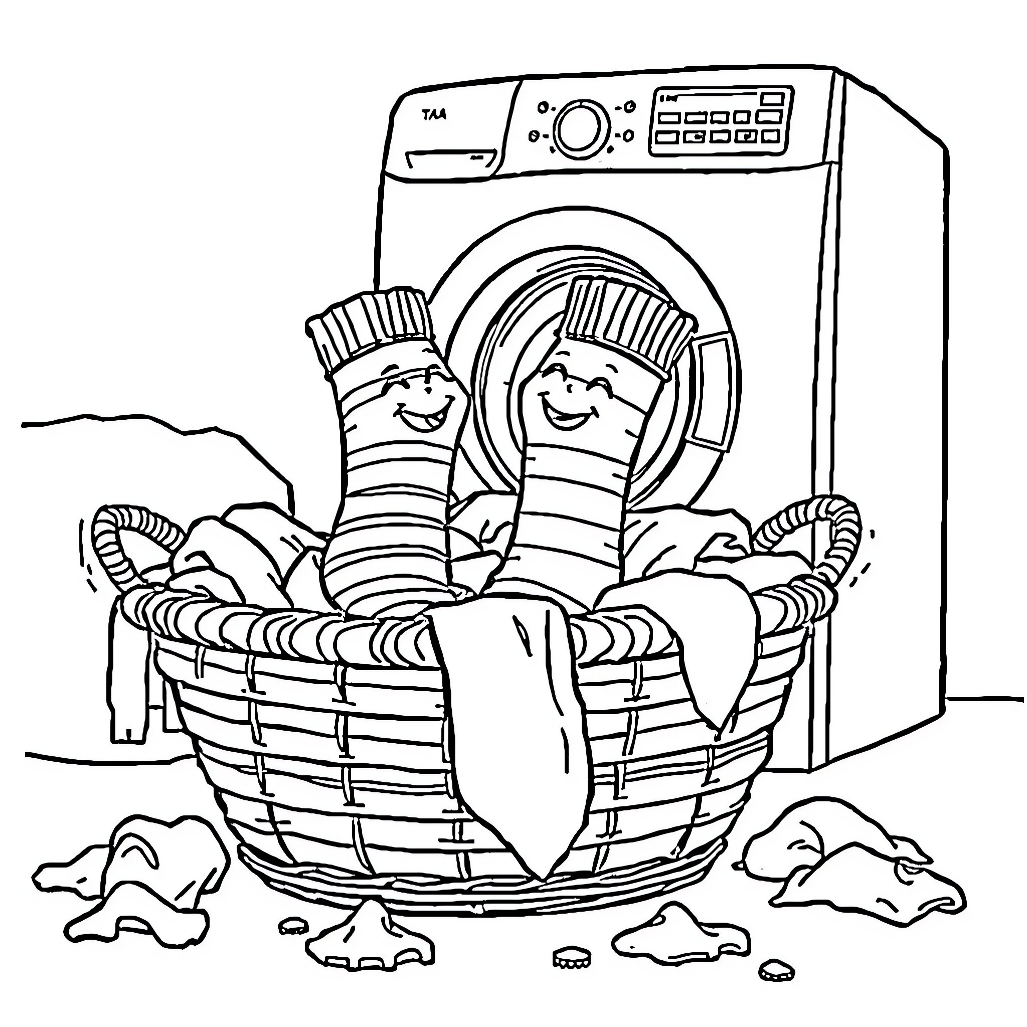 Sock dolls enjoying the laundry in the machine Coloring Page (free black-and-white line drawing printable PDF for all, from beginners to advanced learners, including children, teens, adults, and seniors)