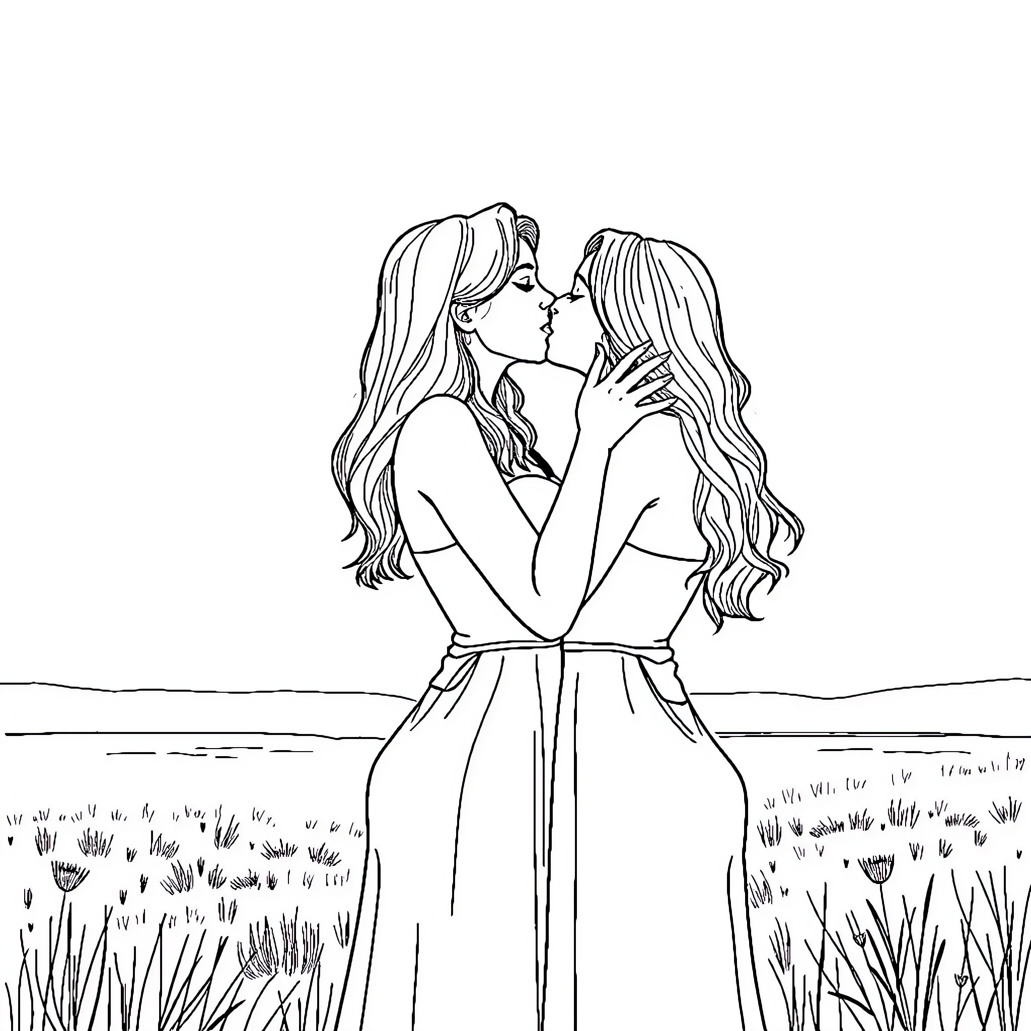 Lesbian couple sharing tender embrace in field Coloring Page (free black-and-white line drawing printable PDF for all, from beginners to advanced learners, including children, teens, adults, and seniors)
