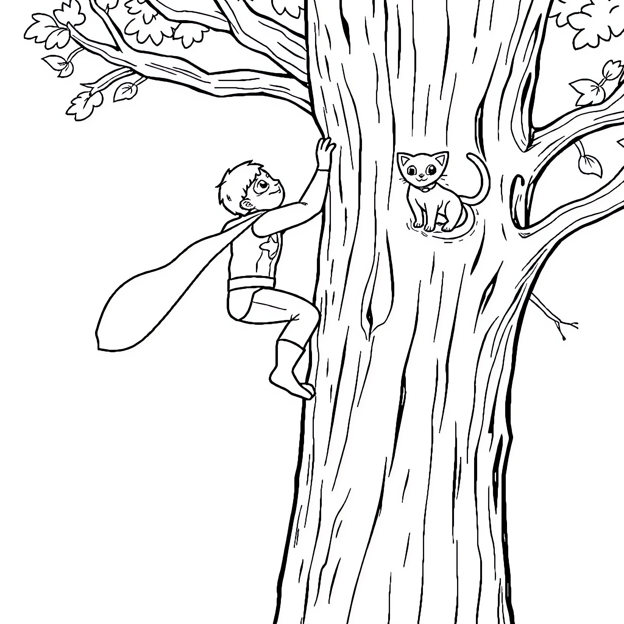 Superhero Boy Climbing Tree with Cat Coloring Page (free black-and-white line drawing printable PDF for all, from beginners to advanced learners, including children, teens, adults, and seniors)