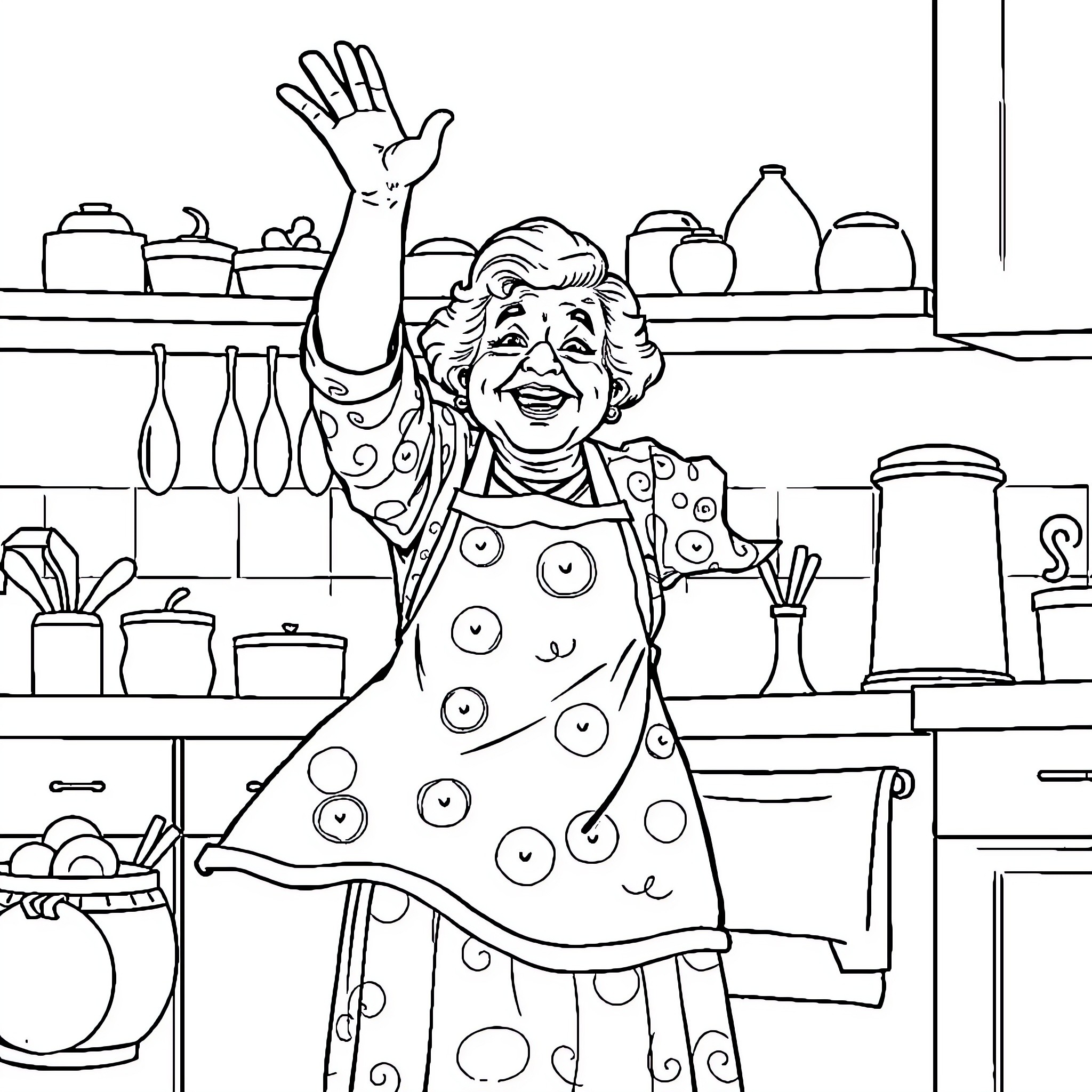 Grandmother having fun in the kitchen Coloring Page (free black-and-white line drawing printable PDF for all, from beginners to advanced learners, including children, teens, adults, and seniors)